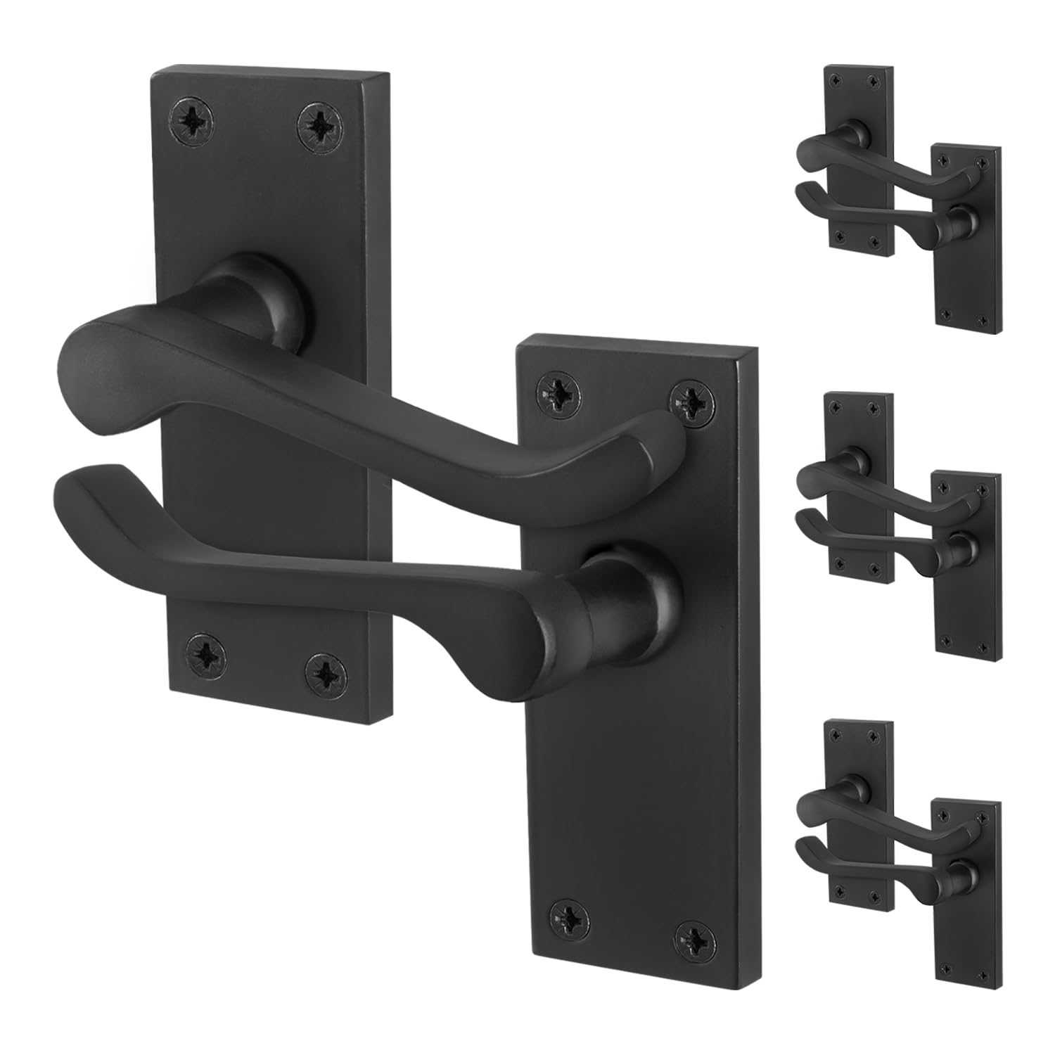 Eai Matt Black Black Victorian Scroll Latch Handles, 4 Pairs Of Internal Lever Door Handles On Backplate