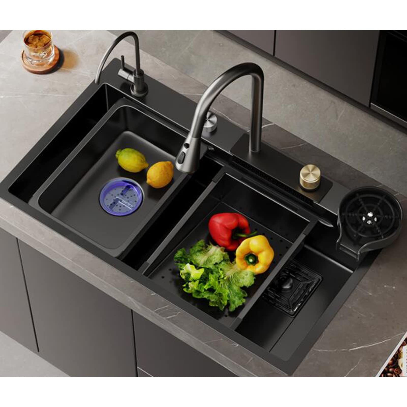 Sink , 304 Stainless Steel Raindance Waterfall Sink , Single Bowl Cup Washer Kitchen Sinks, Recessed or Underground Mount (Size : 75x45cm) (Black, silver 68x45cm)