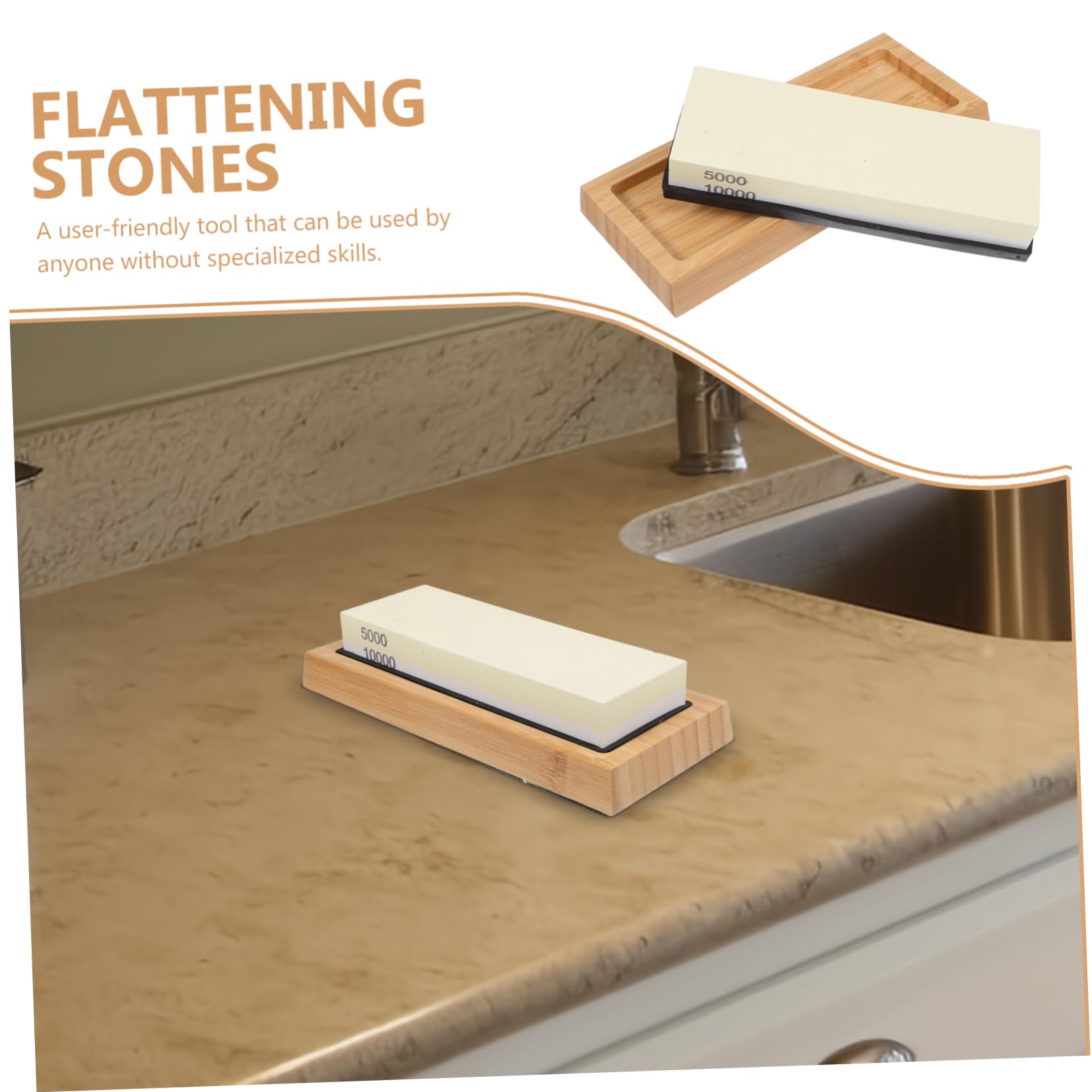 Set Affilacoltelli Base in Bambù Antiscivolo con Pietra Abrasiva Doppia Faccia in Corindone Bianco Resistente e Stabile per Affilatura Utensili Domestici