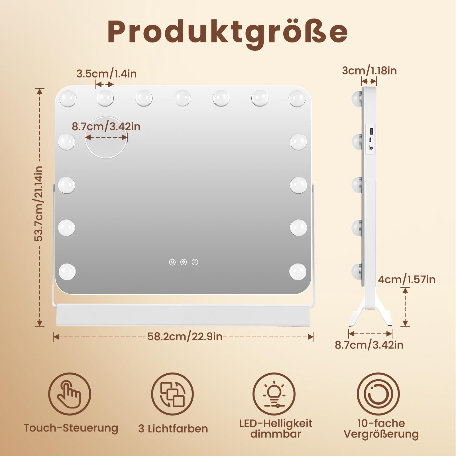Hollywood Schminkspiegel mit Beleuchtung, 58×54 cm Kosmetikspiegel mit dimmbar 15 LED Licht, 3 Farbmodi, Smart Touch Steuerung Spiegel, 360° Drehbarer Tischspiegel für Schminktisch Schlafzimmer