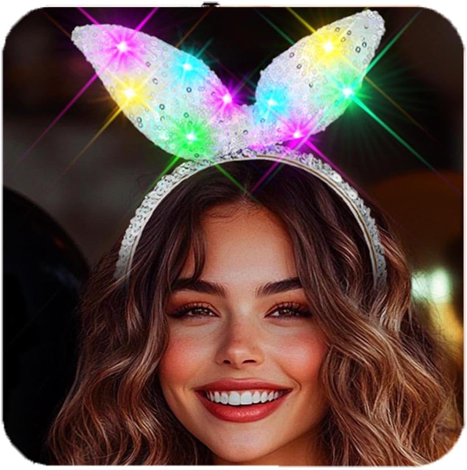 Light up Bunny Ears Headband Sequin Rabbit Ears Headpiece Costume Hair Accessories for Women