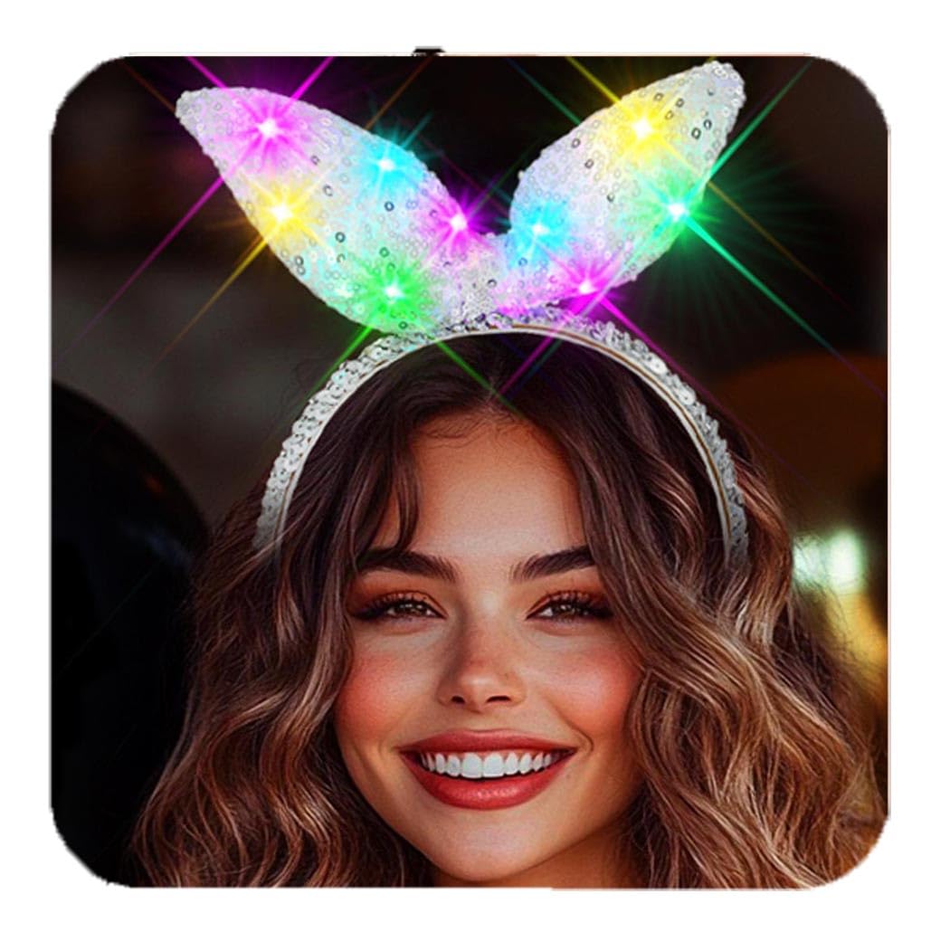 JONKY Light up Bunny Ears Headband Sequin Rabbit Ears Headpiece Costume Hair Accessories for Women