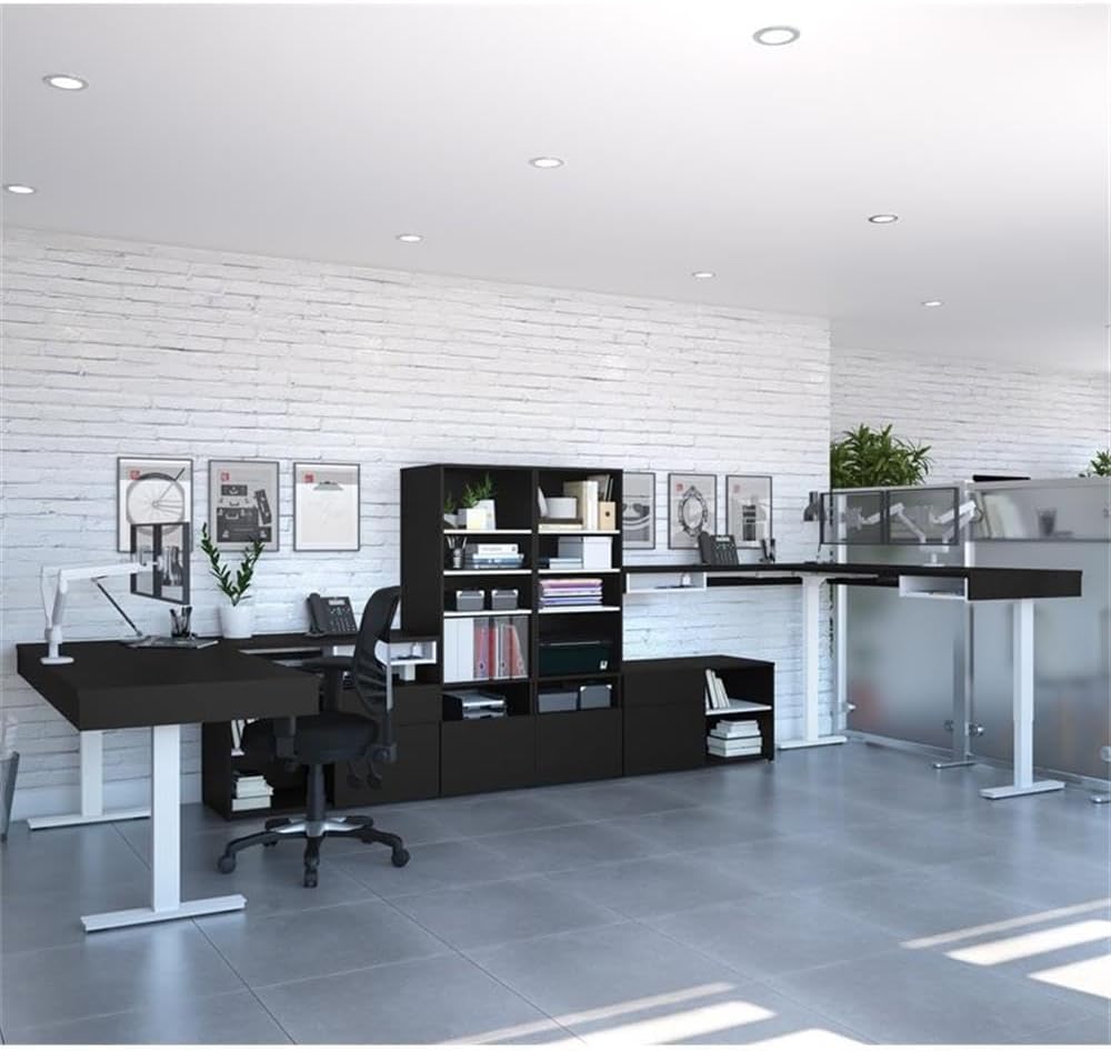 Pemberly Row 72" L-Shaped Standing Desk Set with Storage, Black Finish, Electric Adjustable Height Desk, Shelving Units, Credenzas, Dual Monitor Arms, Home Office Furniture