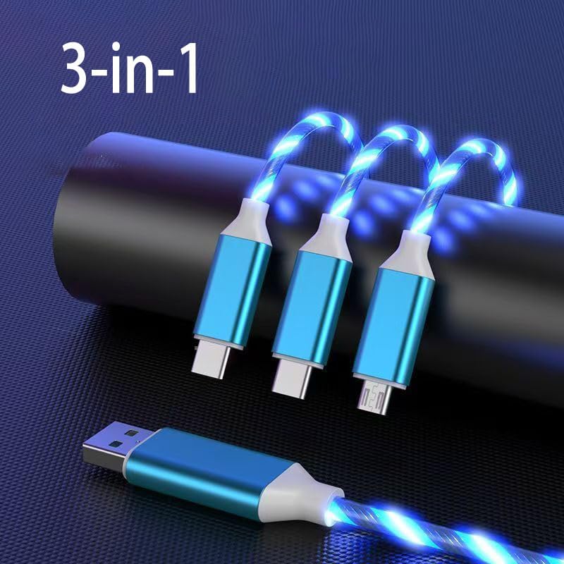 Image of Blue 3-in-1 Fast Charging Cable for Mobile Phones, which Also Serves as a Data Transmission Cable, is Compatible with Almost All Mobile Phones and is Lightweight