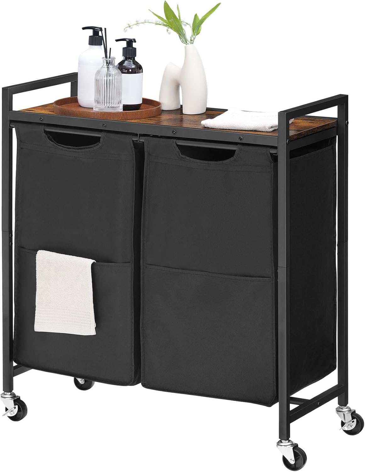 HOOBRO Laundry Hamper, Laundry Sorter 2 Section, 2 × 13 Gal (49.5L), Laundry Basket with Wheels, Rolling Cart, Pull-Out and Removable Oxford Fabric Bags, Rustic Brown and Black BF72XY01