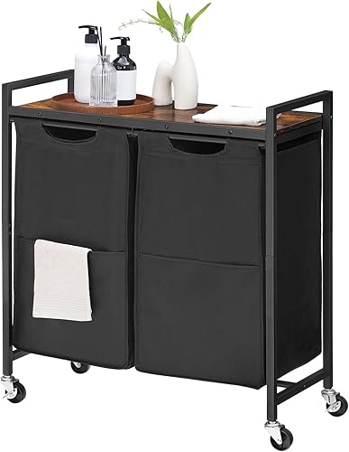 Miniatura 7 de HOOBRO Cesta de lavandería, clasificador de ropa sucia de 2 secciones, 2 × 13 galones (49.5 L), cesta de lavandería con ruedas, carrito rodante,
