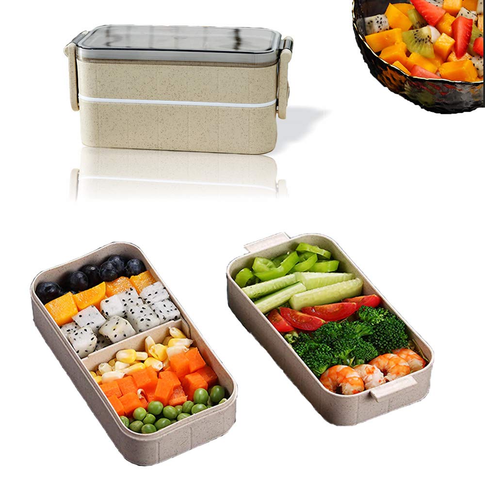 SJ TRADERS Bento Lunch Box with Spoon, Fork and Chopsticks, Leak Proof Reusable Meal Prep Storage Containers Salad Lunchbox for Adults and Children (Double Layer)