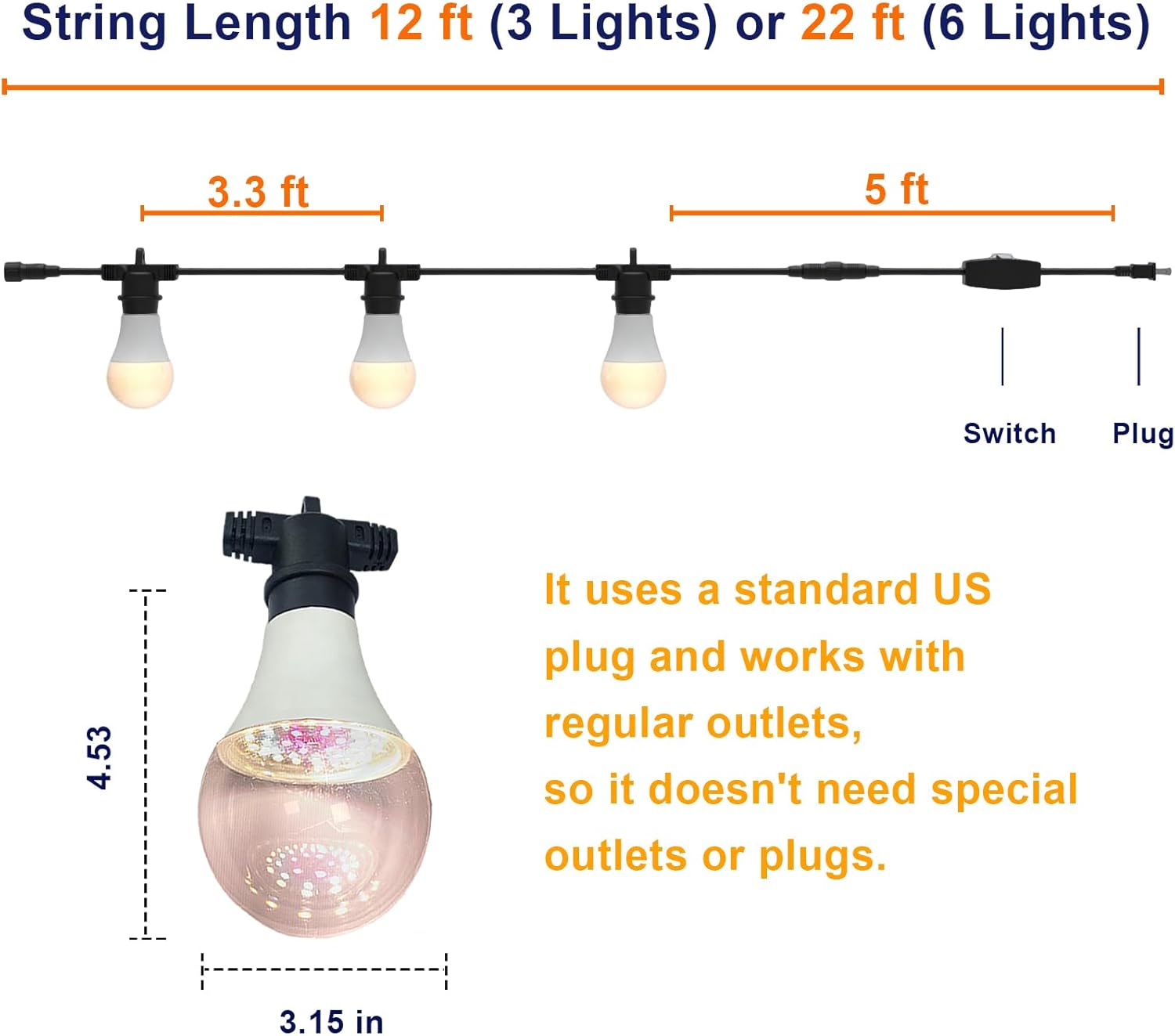 LED Grow Light Bulbs on a 22 ft Rainproof String, 90W Waterproof Full Spectrum Hanging Plant Growing Lamps, E26 Base for Backyard, Garden, Farm (6 Lights)