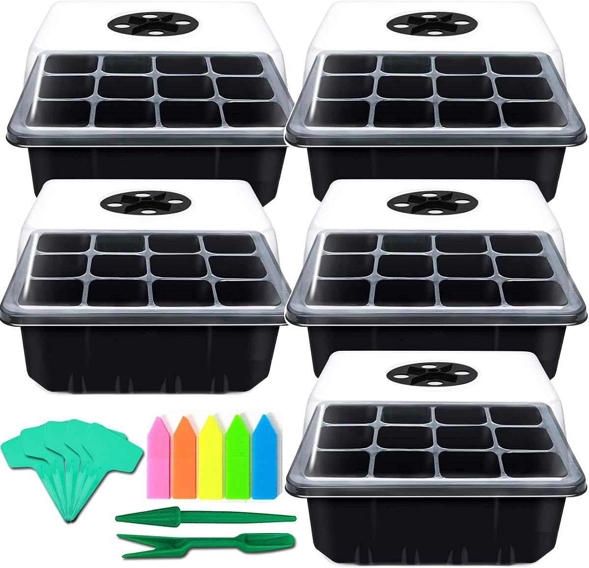 Craftsboys 5 Pack Seedling Starter Trays, 60 Cells Mini Plant Grow Kit with Domes and Base for Seeds Starting (Black)