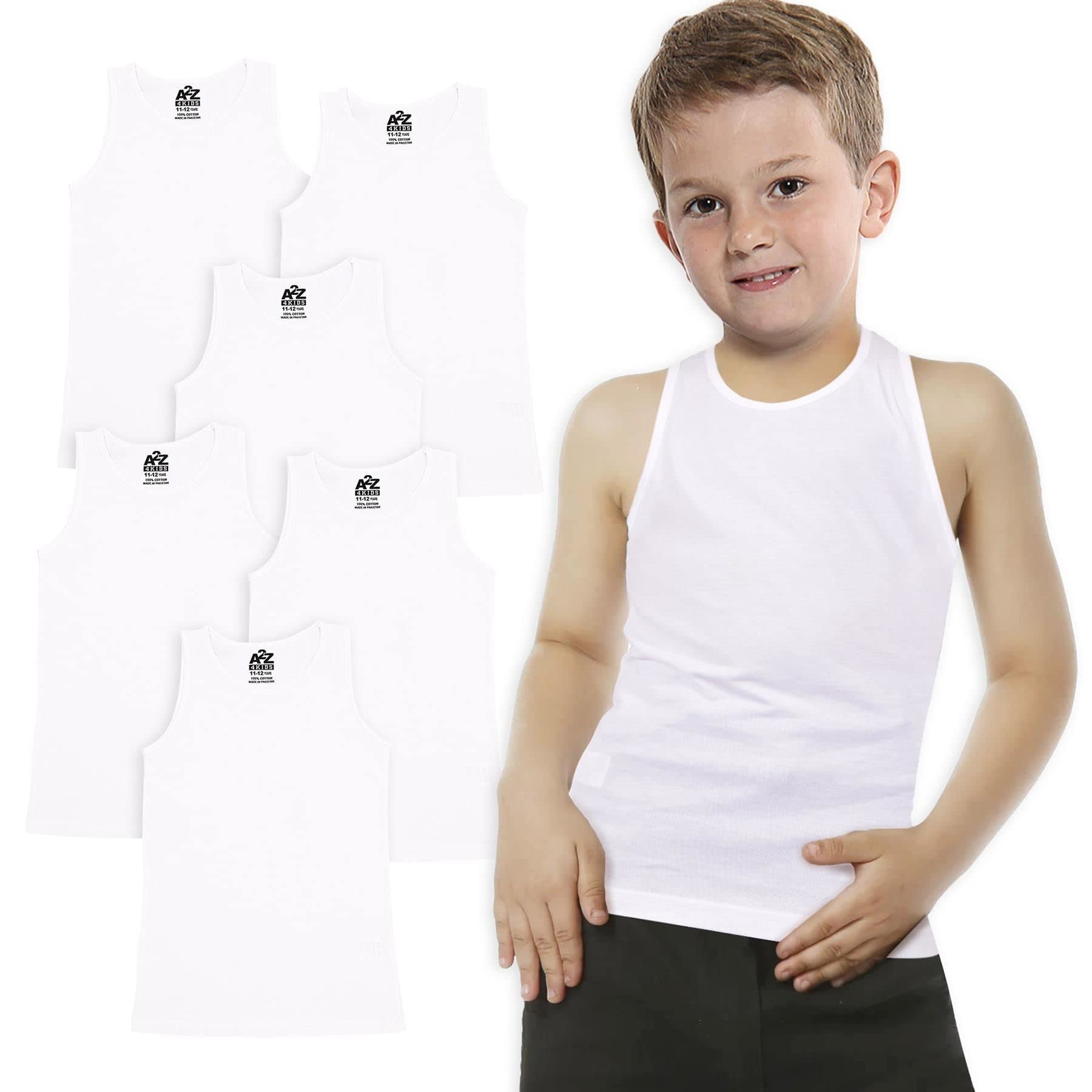 A2z 4 Kids Boys 6 Pack White Cotton - Vest 005 White 6 Pack 9-10