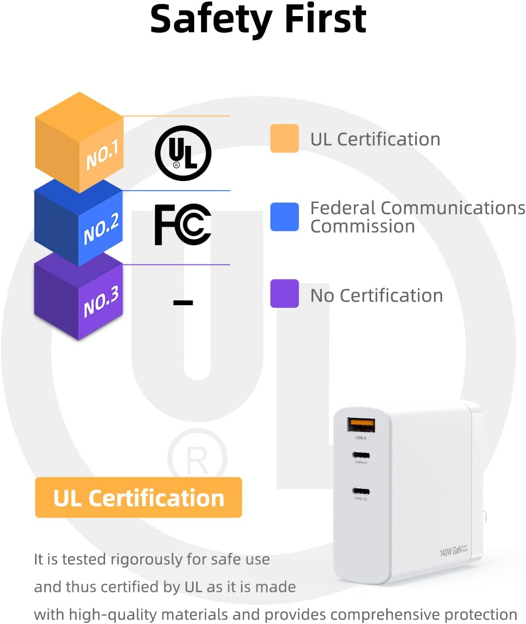 140W GaN USB C Charger, 3-Port Foldable Fast Charging (UL Certified Safety) Fit for MacBook Pro 14'' 16'' M1 M2, Fit for MacBook Air 13'' 15'' M2 M3 Laptop Power Adapter