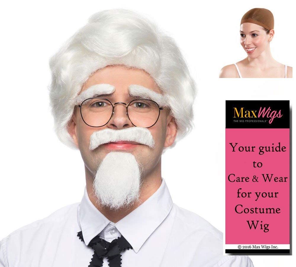 Maxwigs Colonel Sanders Wig & Beard Set – White Hair, Mustache & Goatee for KFC Chicken Southern Gentleman Cosplay, Theater & Halloween with Care Guide