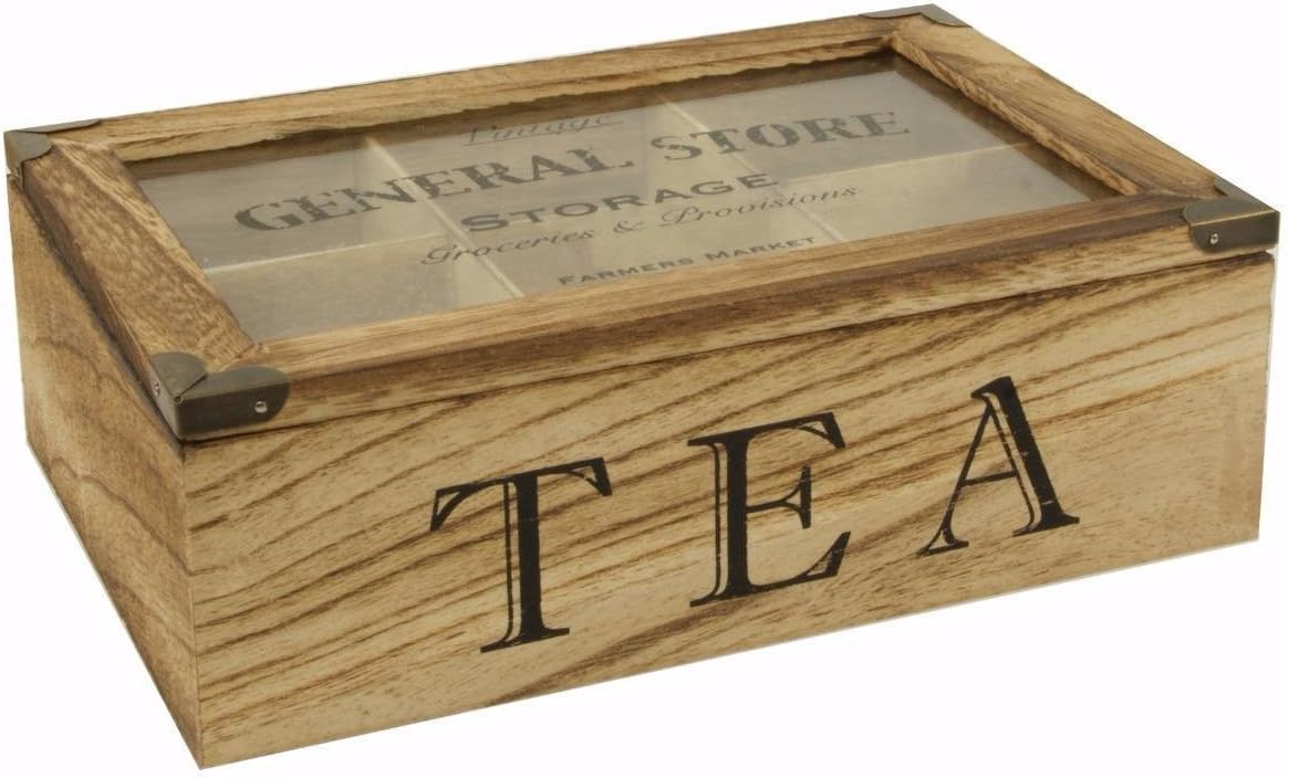 BUZZ Shabby Chic/Rustic/Vintage/Style Wooden TEA Storage Box/Caddy/Tea Bag Chest - 6 compartment - hinged transparent lid -