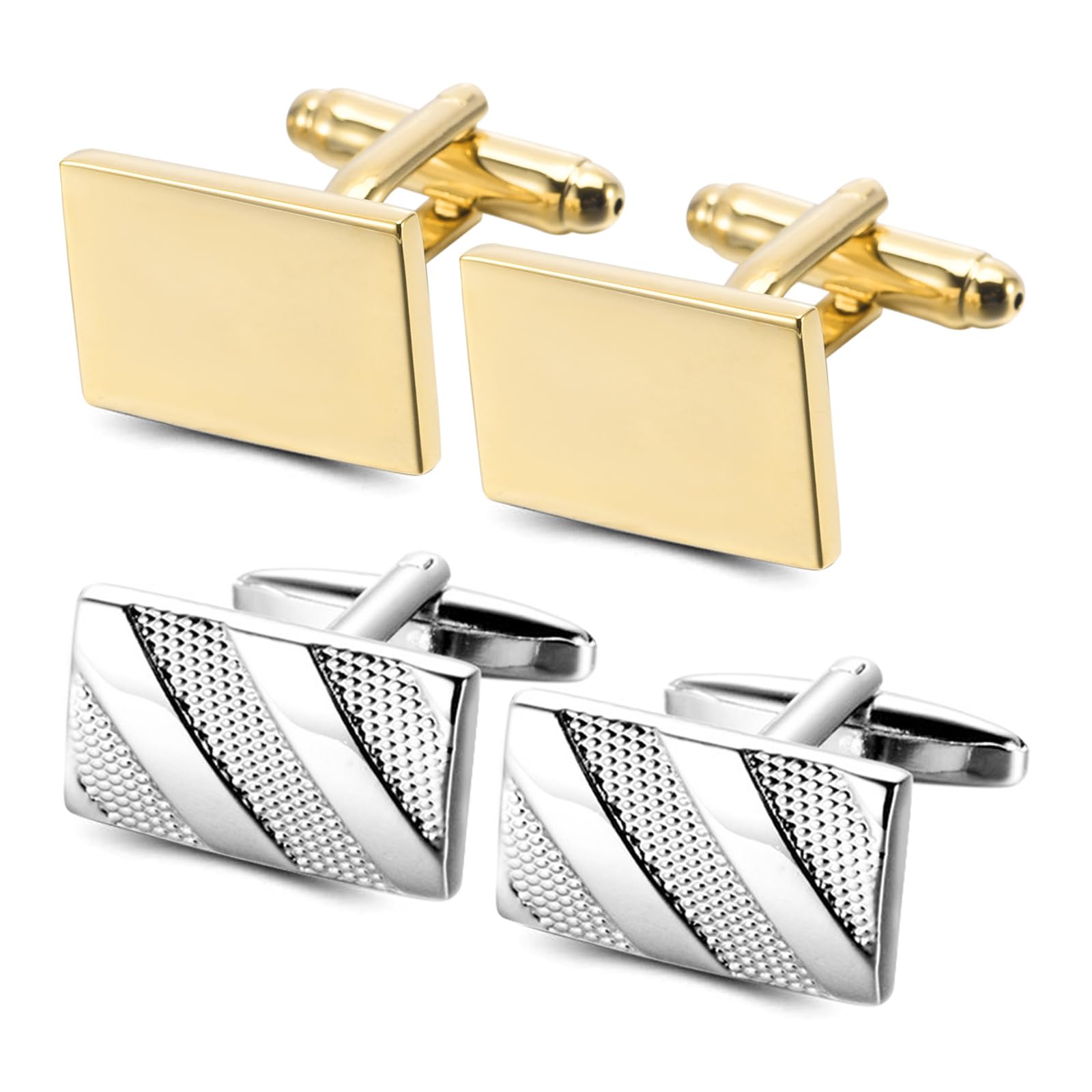 RoadLoo Gemelos para hombre, RoadLoo 2 pares de gemelos brillantes clásicos para boda, gemelos rectangulares, personalizados, regalo para fiesta de baile, vacaciones, aniversario, 1.3cm, Metal, Latón