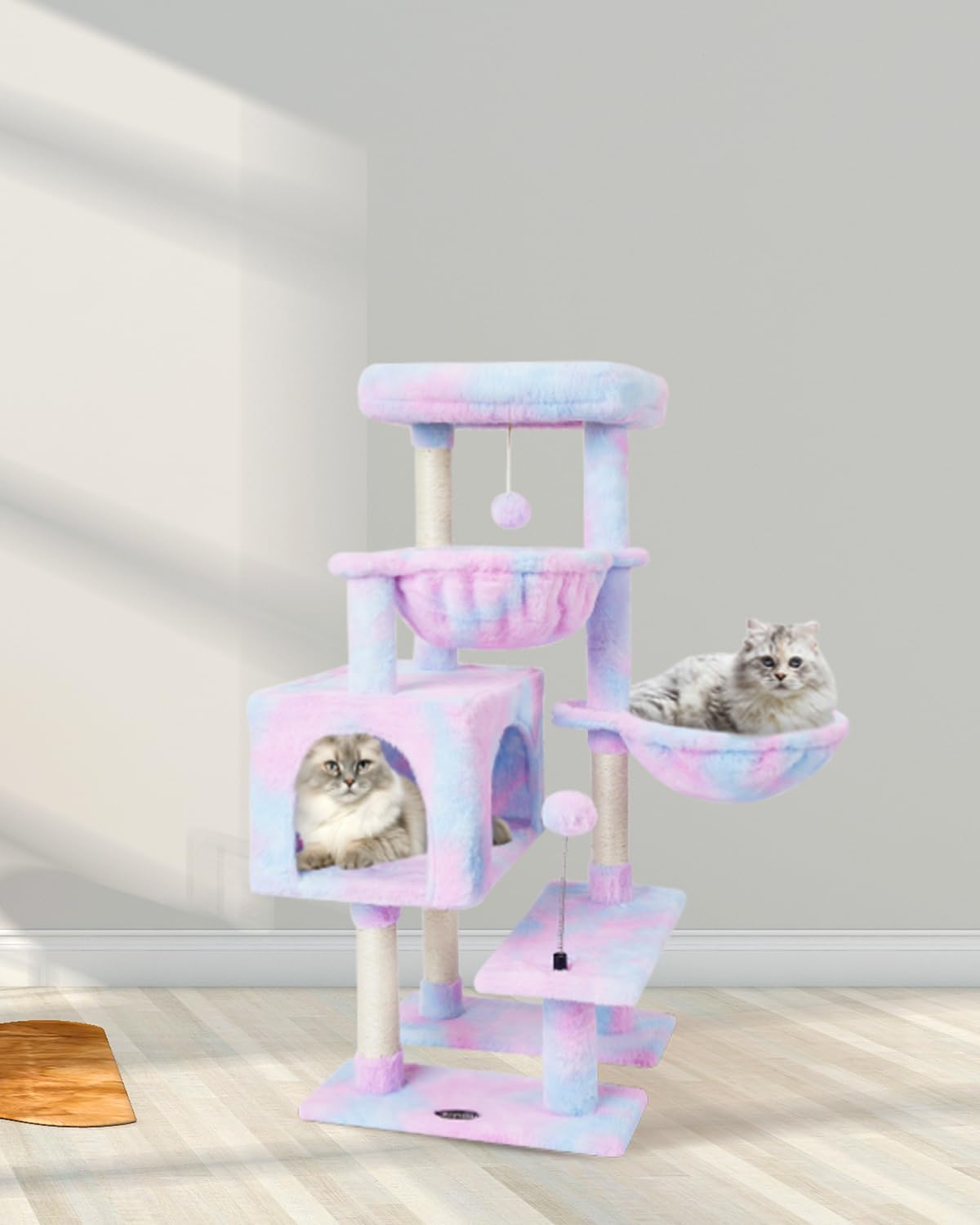 kiyumi cat tree cat tower condo with sisal scratching post for indoor cats cat tree cat furniture with hammock perch and kitten ball toys, multi-level pet activity center rainbow 39" rainbow
