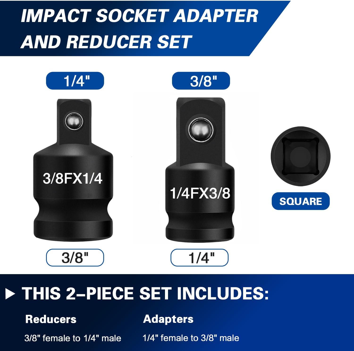 2PCS Impact Socket Adapter and Reducer Set | 1/4 to 3/8 Impact Adapter | 3/8 to 1/4 Socket Adapter, Heavy-Duty CR-MO Steel Reducer Set for Impact Wrenches & Ratchets