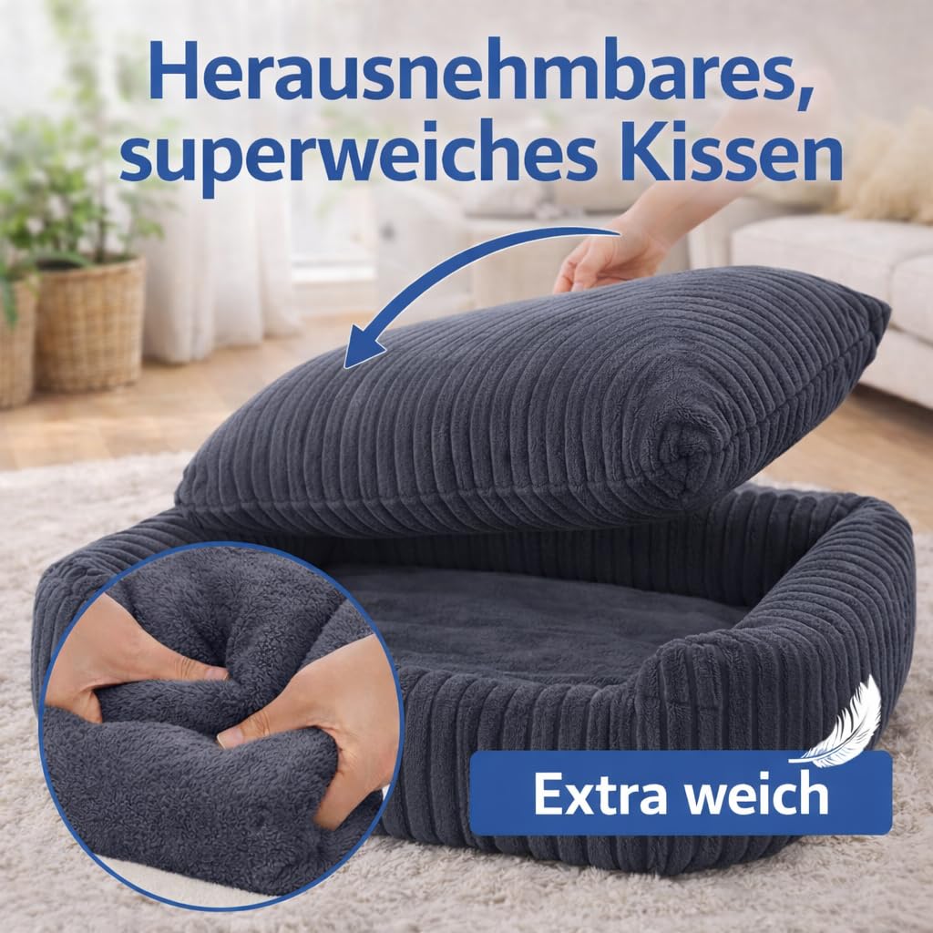 Odolplusz waschbares Hundebett 95x75cm Hundekissen aus Cord – Weiches Katzenbett rutschfest – Hundesofa in dunkelgrau für mittlere Hunde – Formstabile Hundematratze flauschig mit Rand