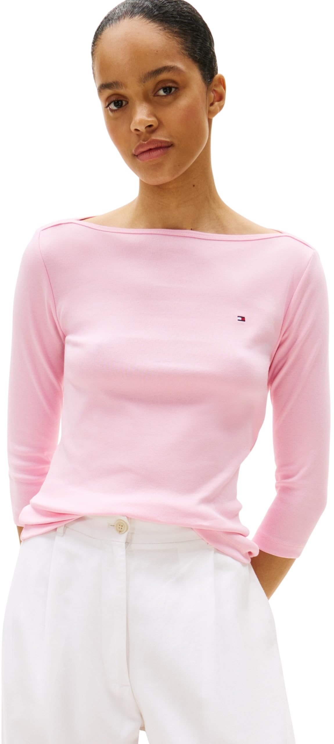 Tommy Hilfiger Women’s Long Sleeve Slim Fit New Cody Top with Boat Neck, Pink (Classic Pink), S