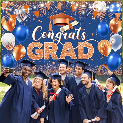 Image of AIBIIN Congrats Grad Backdrop Blue Orange Gold Glitter Balloons Congratulations Graduation Party Decorations Background for Photography Graduation Decorations 2026 Party Supplies 70.8x43.3 Inch