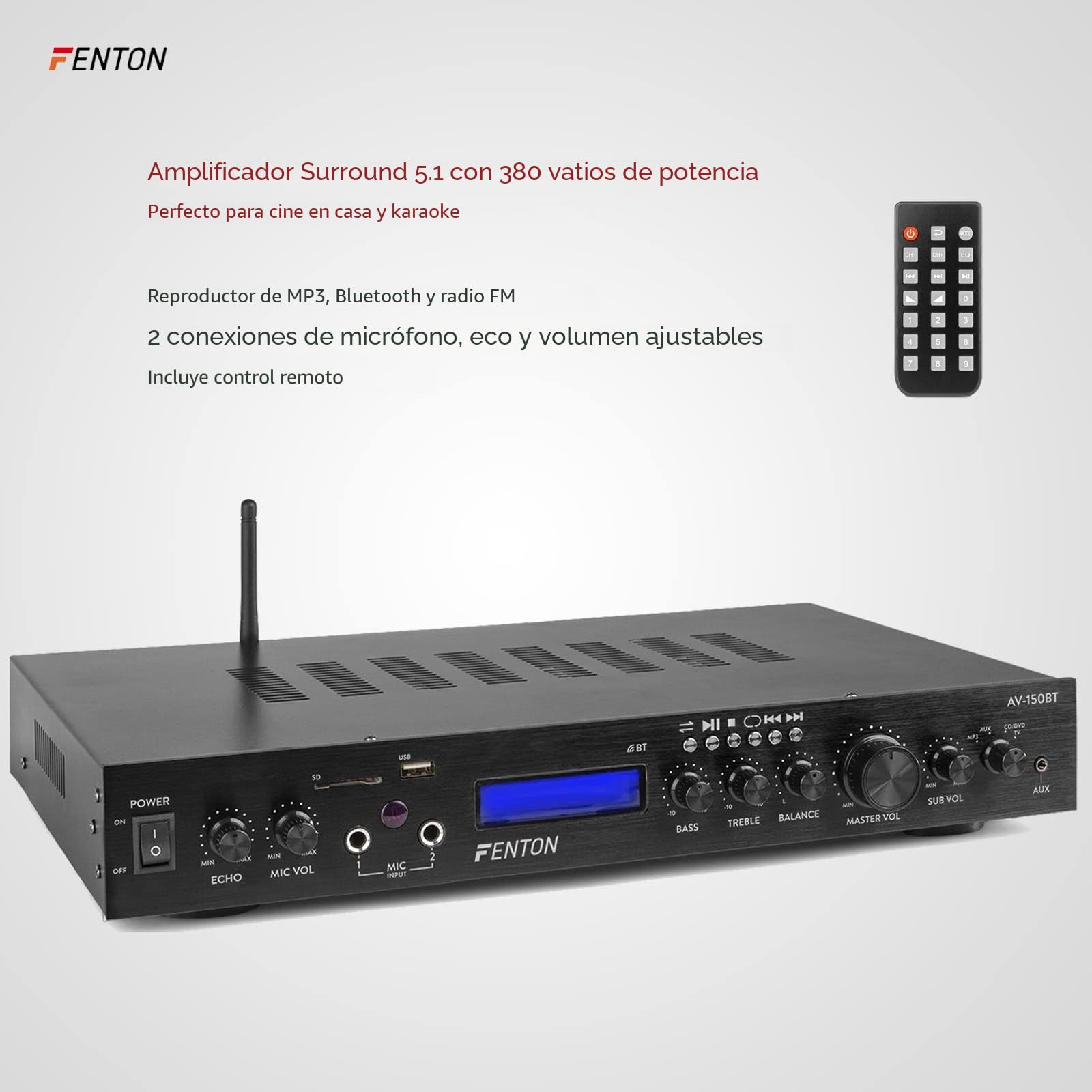 Fenton AV-150BT - Receptor Amplificador 5.1 con Bluetooth, 380 W, Radio FM, MP3, SD y Puerto USB, conexión para 2 micrófonos con Efecto Eco, Amplificador 5.1 para Cine en casa y Karaoke - Negro