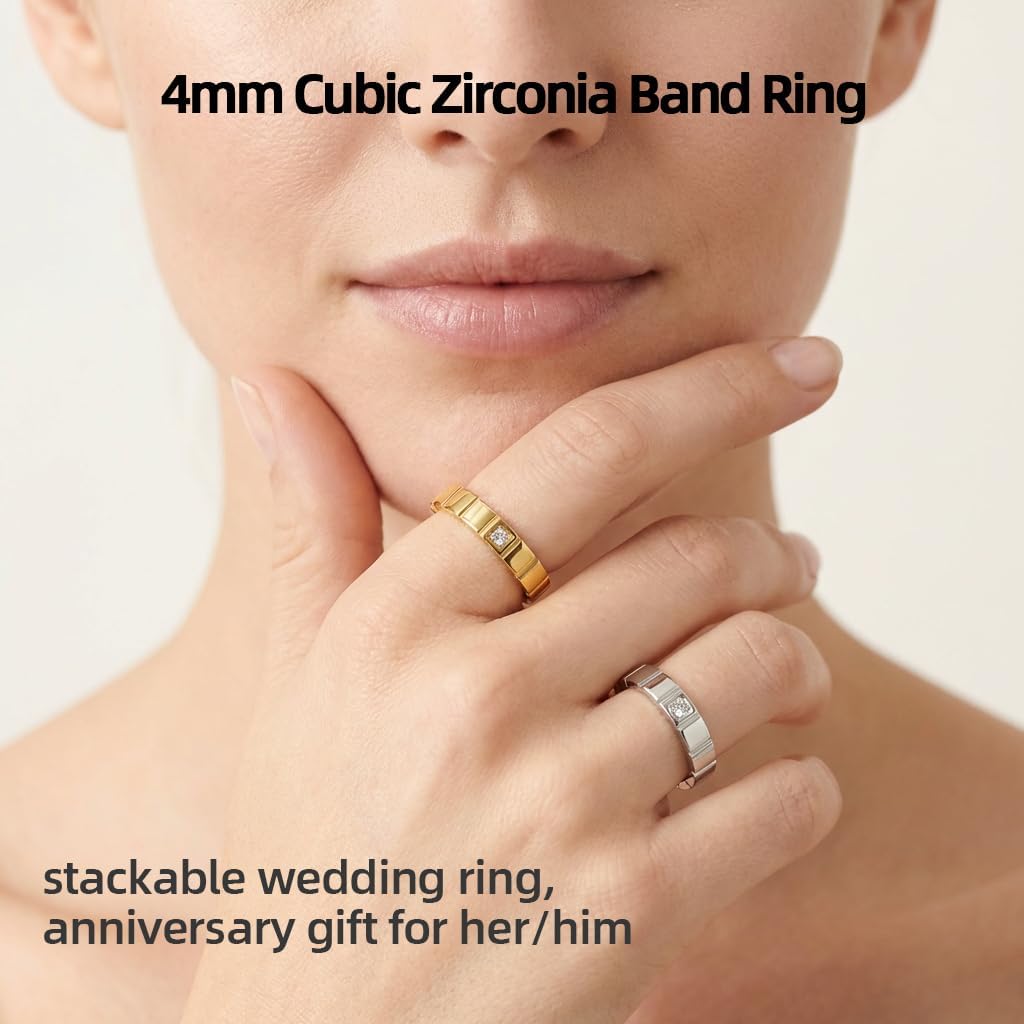 Neshat Stainless Steel/Gold Plated Band Rings for Women Men 3mm 4mm Width, Princess Cut/Wheat Pattern Wedding Bands Anniversary Ring Gifts for Her Him