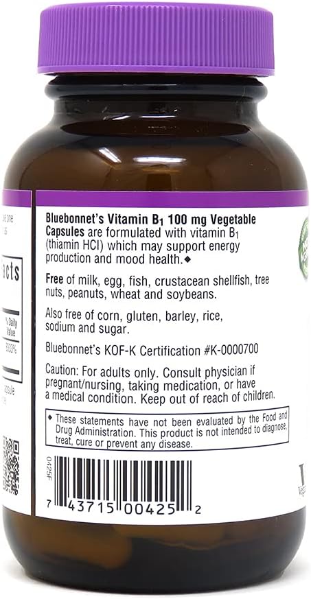 Bluebonnet Vitamin B-1 100 mg Vegetable Capsules, 100 Count : Health & Household
