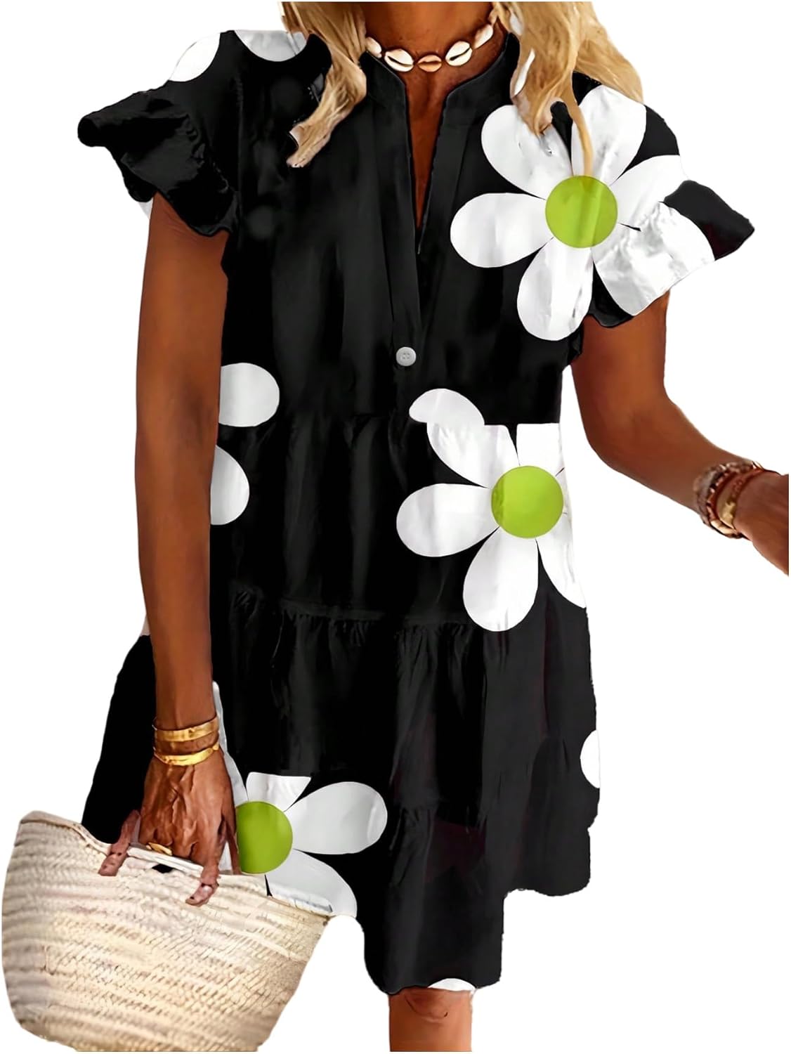 SOLY HUX Women's Plus Size Floral Dress Notched V Neck Short Sleeve Babydoll Ruffle Summer Vacation Short Dresses