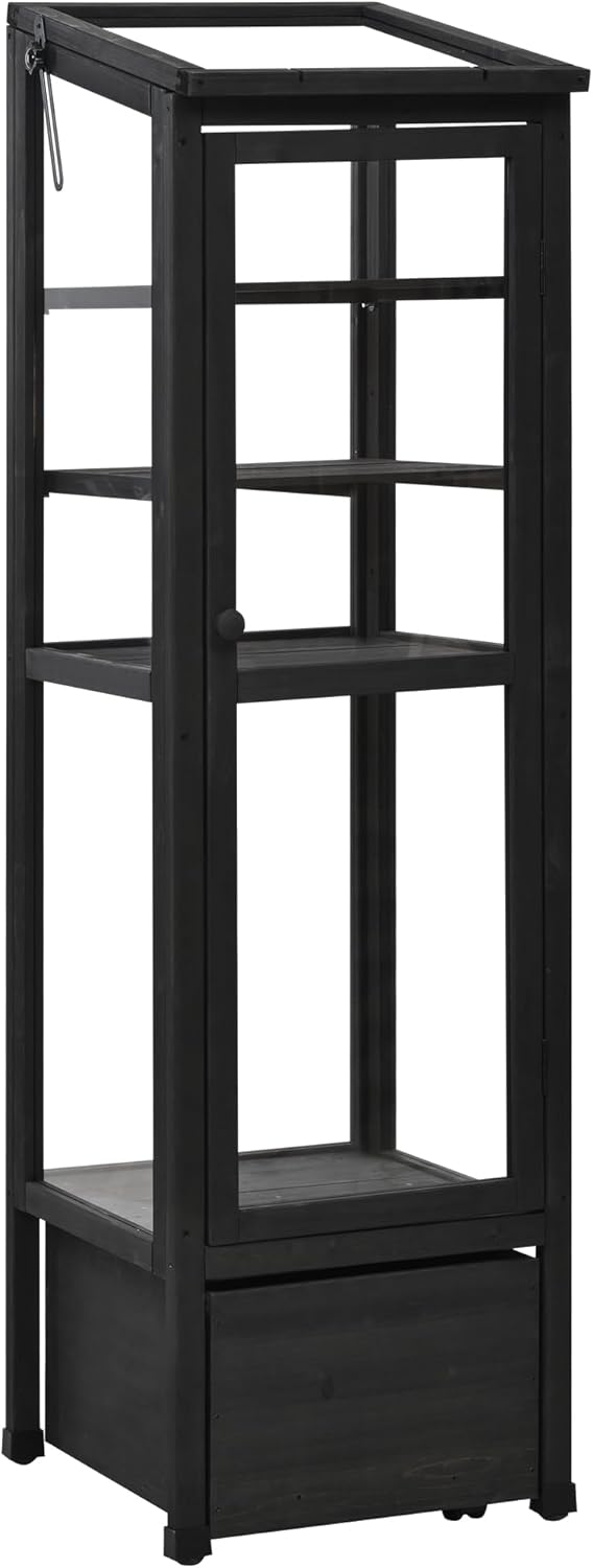 62.4inch Height Wood Garden Greenhouse Balcony Portable Mini Cold Frame with Movable Storage Box and Adjustable Shelves for Outdoor Indoor Use Black