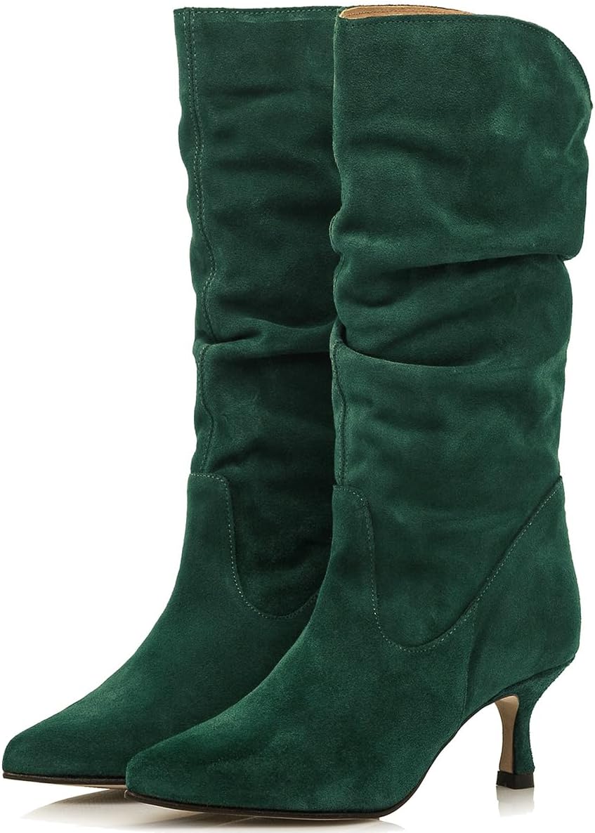 SHODENSE Women Low Kitten Heel Slouch Mid Calf Boots Pointed Closed Toe Pull On Wide Calf Suede Boots Long Pleated 2" Thin Heels Tall Dress Boots Comfort ladies Retro Fall Winter Boot 4-11 M US