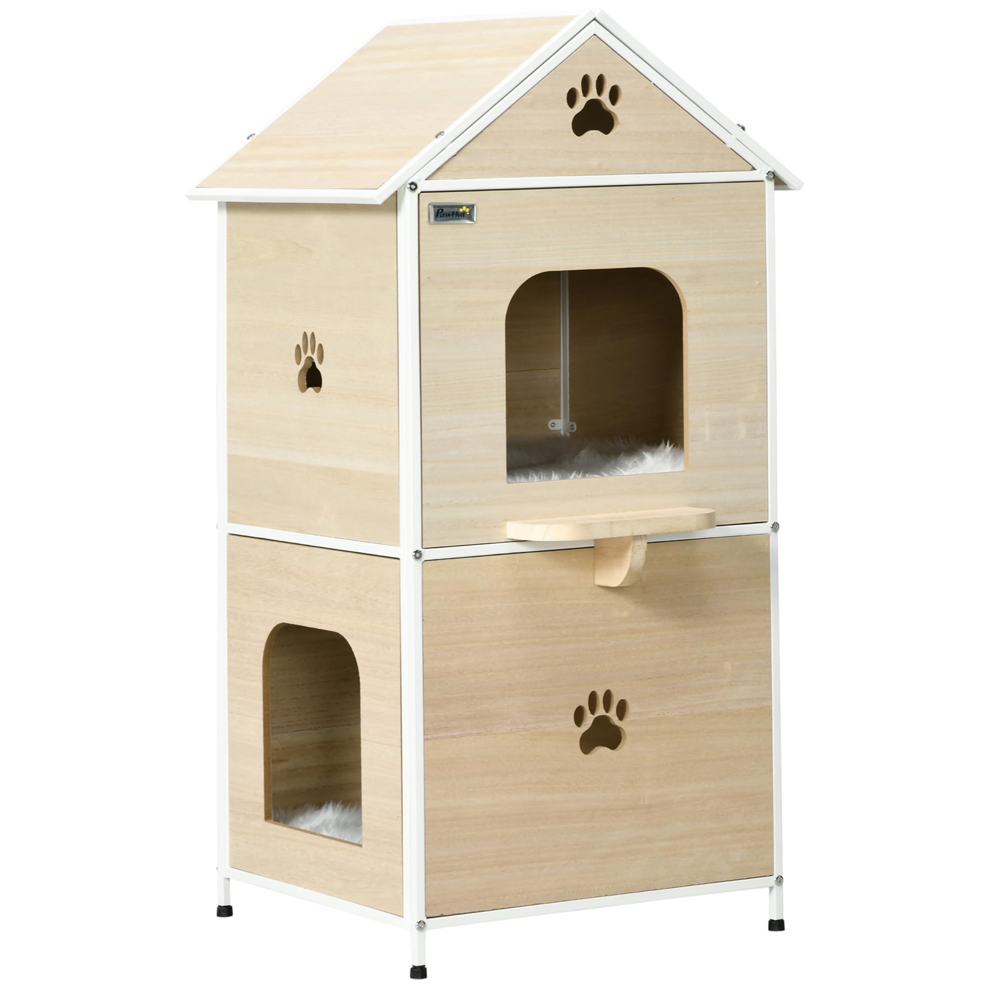 PawHut Caseta para Gatos de Madera Casa para Gatos de 2 Niveles Estilo Cabaña con 2 Cojines Lavables y Plataforma Lateral 47x40x90 cm Natural