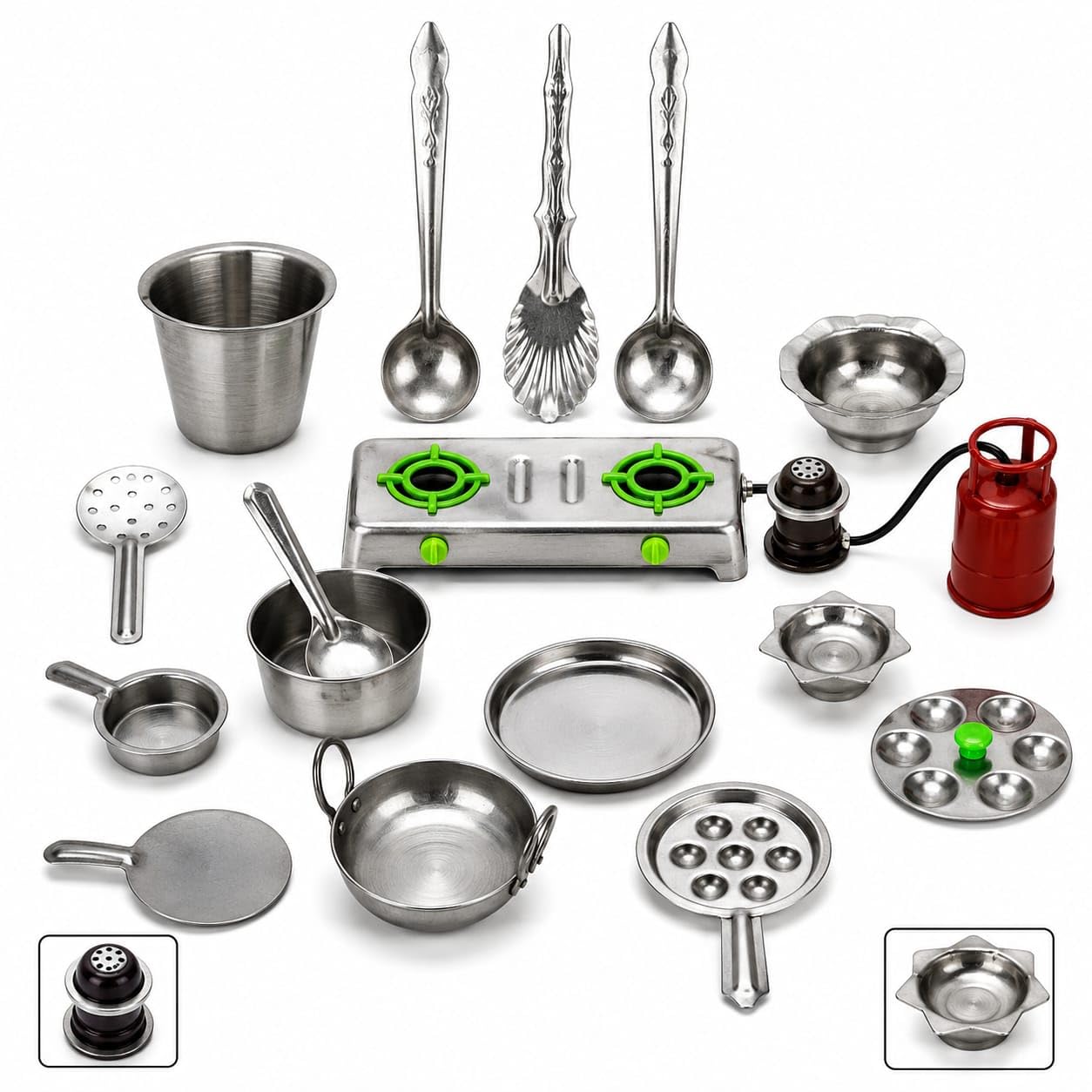 Steel Kitchen Set Toys for Kids, Girls Role Playing Kitchen Set of Stainless Steel with Mini Chakla Belan Set, Gas Stove with Cylinder Master Chef Role Playing Kitchen Set Master Chef for Kids-image-45