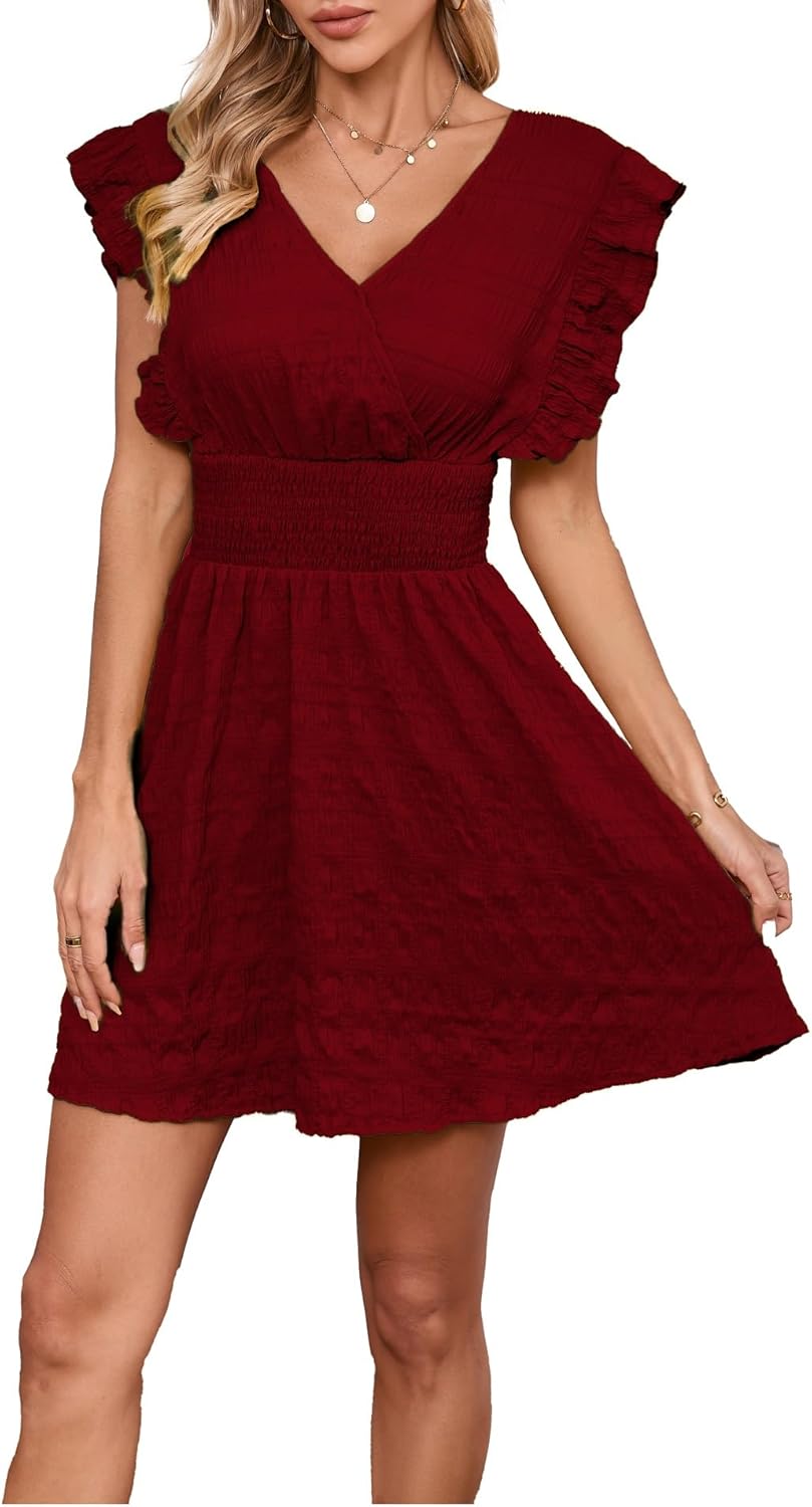 Women's Casual V Neck Ruched Cap Sleeve Elastic Waist Dress - Image 6