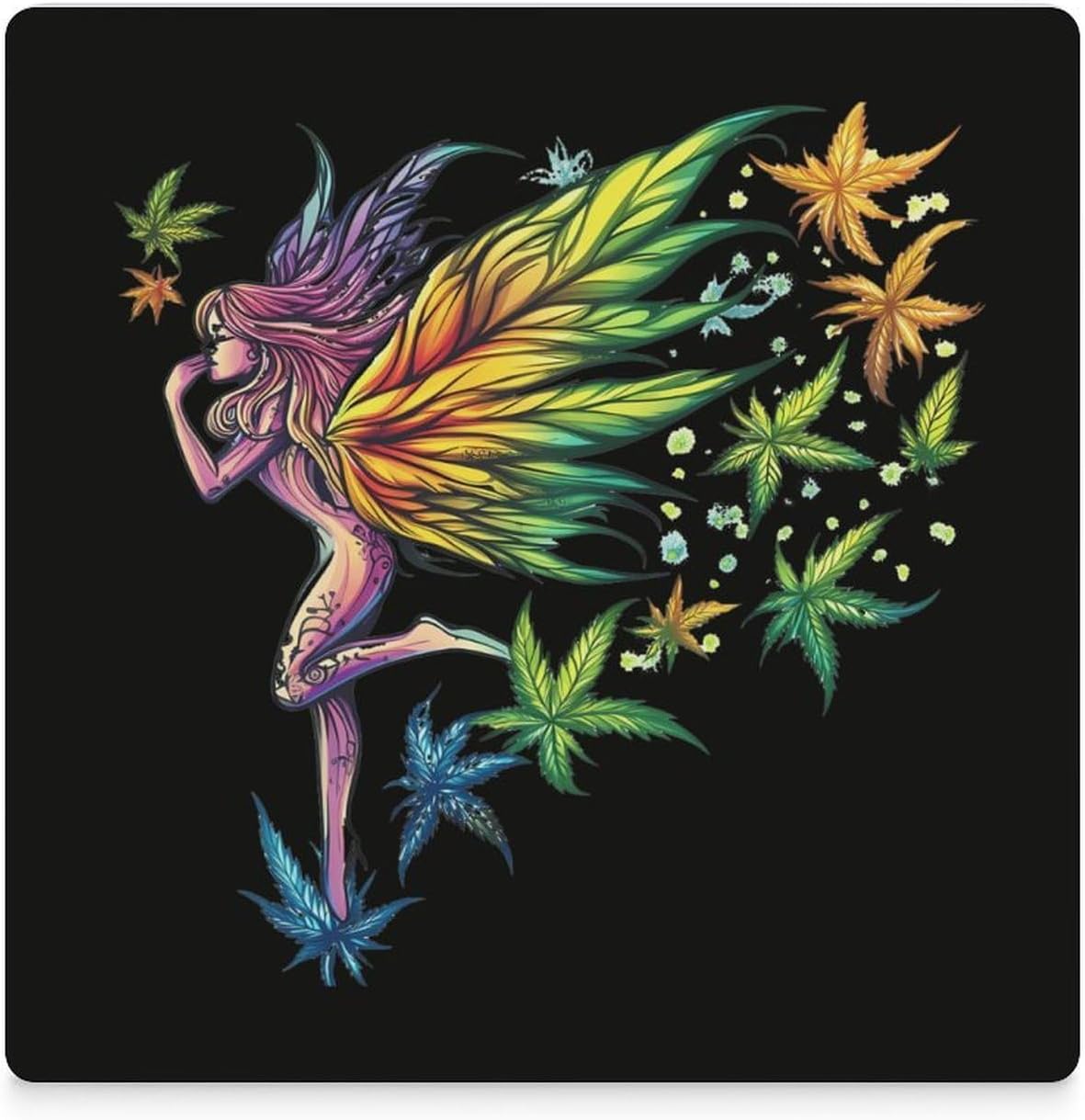 Weed Fairy Leaf Coasters for Drinks Square Table Coasters Set Cup Mats with Cork Base