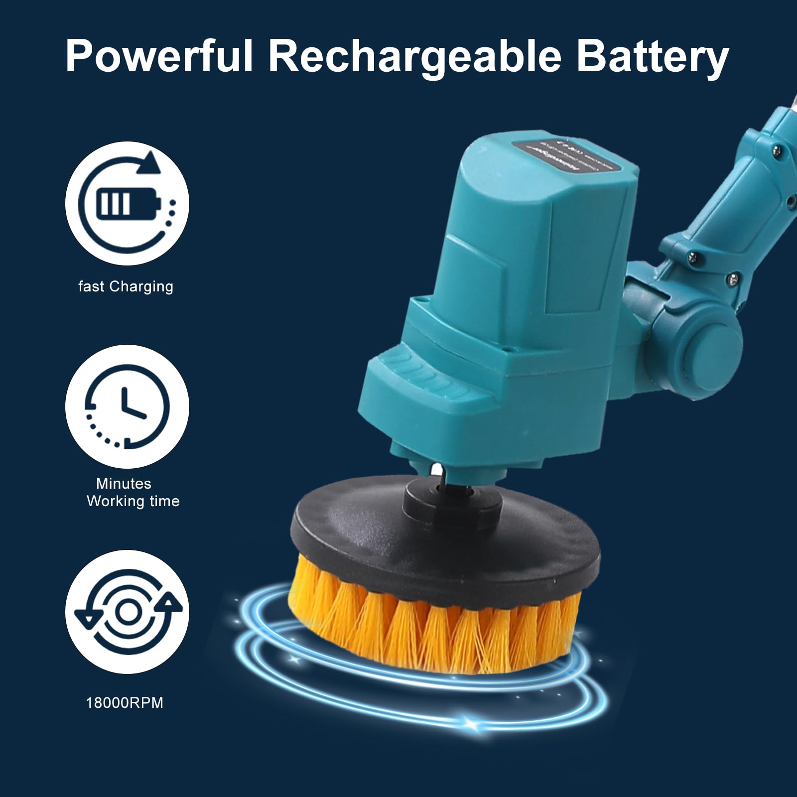 Scrubber elettrico extra lungo pieghevole compatibile con batteria Makita da 18 V (solo strumento), spazzola rotante ricaricabile senza fili, 1800 giri/min, spazzola per la pulizia senza fili con 6