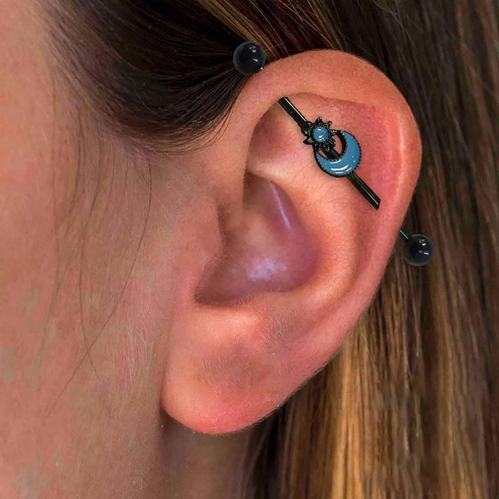 14G Blue Sun Moon Industrial Barbell Earrings for Women Men Black Stainless Steel Cartilage Conch Helix Piercing Jewelry 38mm Hypoallergenic