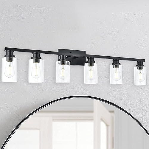Miniatura 2 de VINLUZ Lámpara clásica de 6 luces para tocador de baño, color negro mate, para montaje en pared, de metal, sobre espejo con pantalla de vidrio