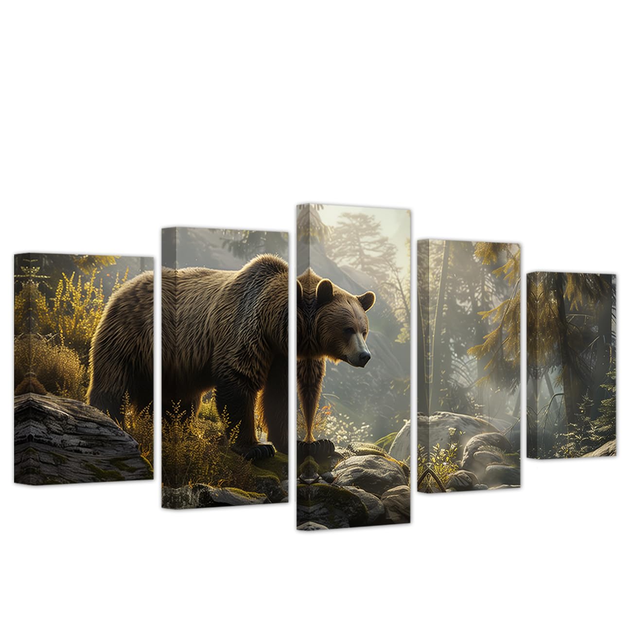 DOARTDO 5 Pieces Forest Bear Wall Art Wild Animal Canvas Wildlife Painting Print Nature Wilderness Scenery Pictures Living Room Office Decor Frame (