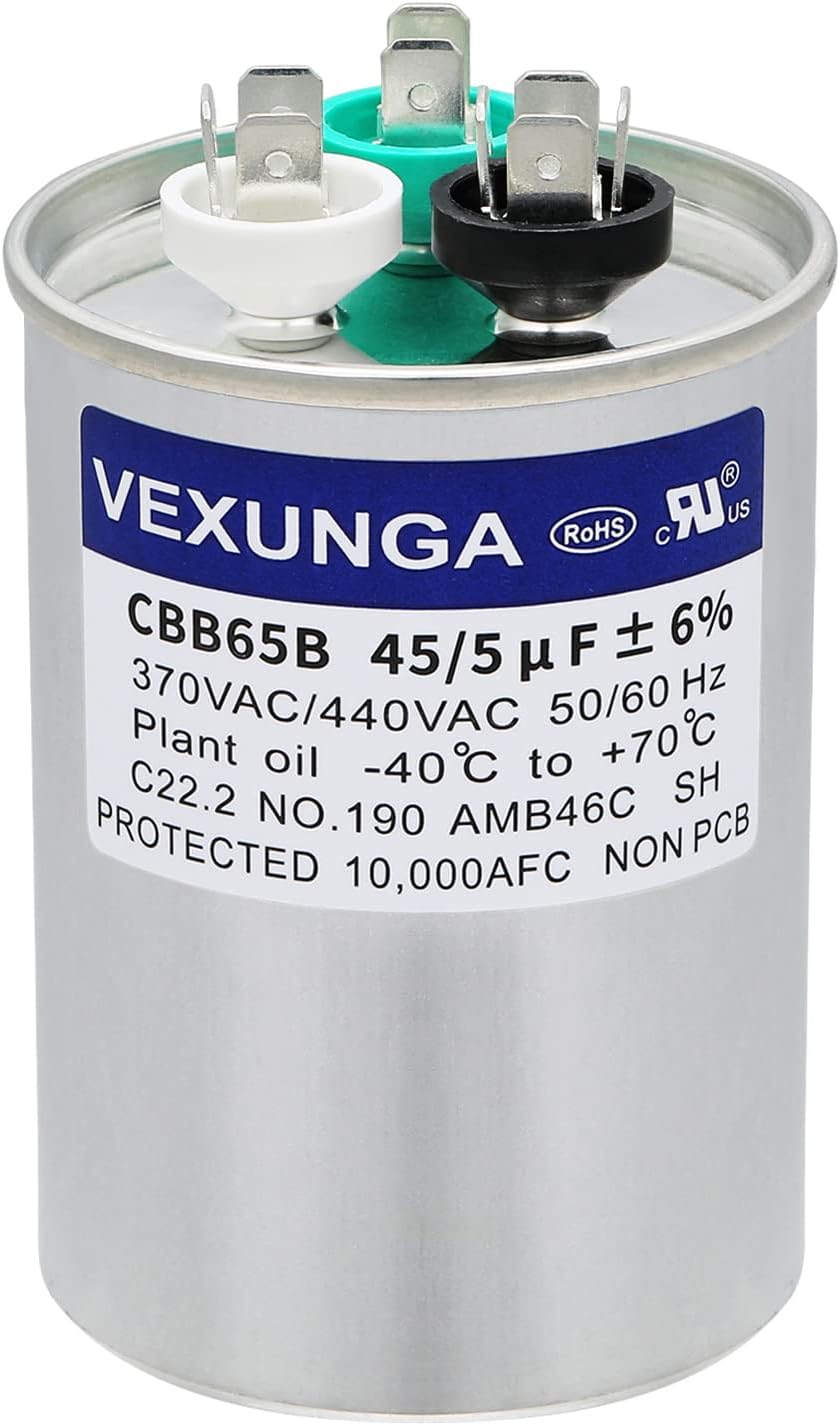 VEXUNGA 45/5 uF 45+5 MFD 370V or 440V Dual Run Start Round A/C Capacitor 45 5 uF 370 440 Volt VAC CBB65B Air Conditioner Capacitors for AC Unit Fan Motor Start or Heat Pump or Condenser Straight Cool