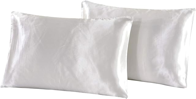 White Satin Pillow Cases 2 Pack 50 x 75cm Standard Size - Pure White Pillowcases 2 Pack, Ultra-Soft Smooth Polyester Microfiber Pillow Case for Hair and Skin, Envelope Closure