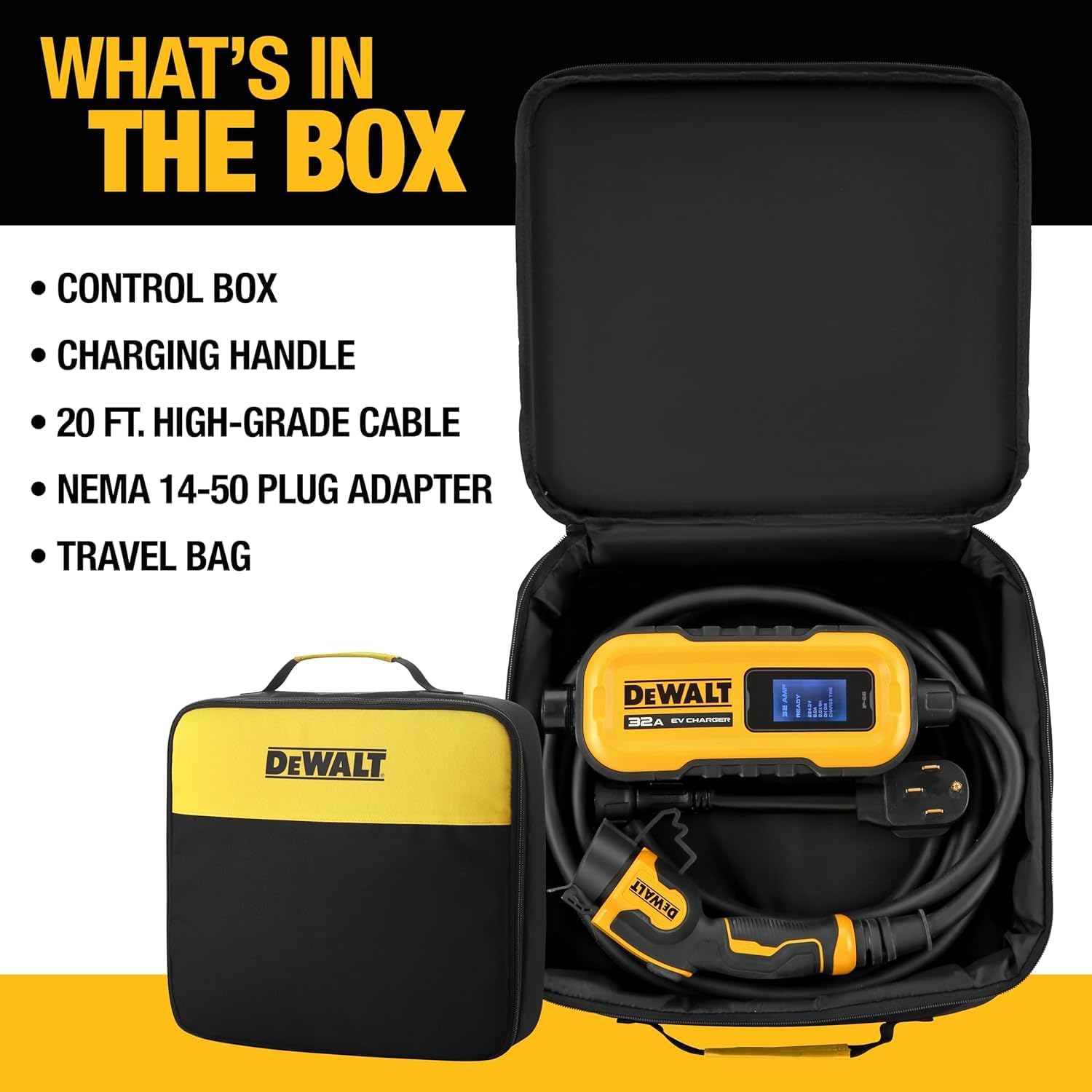 DEWALT Portable Electric Vehicle (EV) 120-240V Level 2 Charger up to 32 Amps, CSA Certified Indoor/Outdoor, NEMA 14-50 Plug Adapter Included, 20 ft. Cable