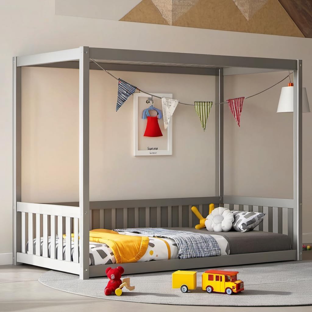ASKVDL Twin Size Canopy Bed Frame with Guardrails for Kids Bedroom,Floor Bed w/Fence/Near Ground Design/Easy to Assemble for Boy & Girl,No Spring Box Required, Grey