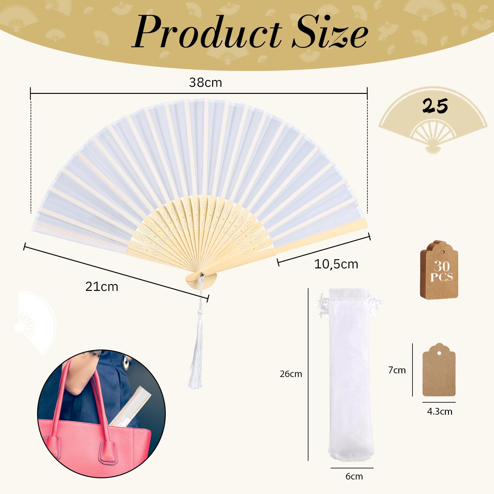 LALAGO 25 Piéces Éventails Pliants avec Frange en Soie, Ventilateurs Pliables, Ventilateur Pliant, Ventilateur Chinois pour Danse, Fête, Cadeau de Mariage, DIY, Décoration à la Maison (Blanc)