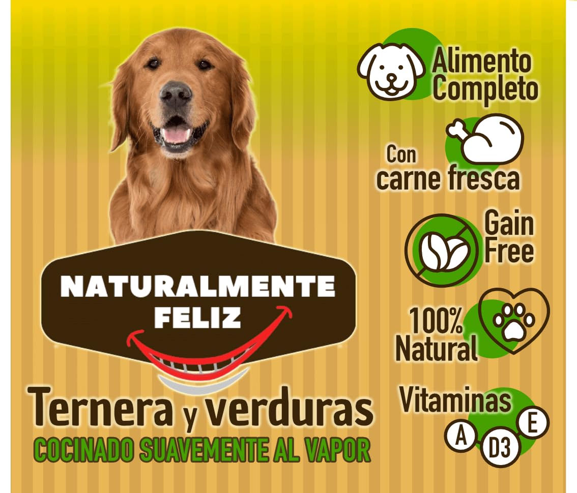 Naturalmente Feliz Alimento Natural casero para Perros, Comida húmeda con Carne y Verduras - 90% Carne (6x450gr) (Cocido Pollo - Ternera y Verduras) Comida Húmeda