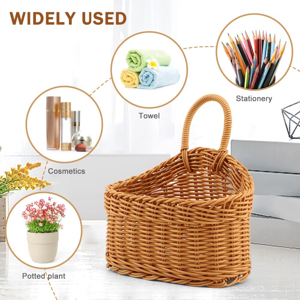 EKDJKK 2 Pcs Plastic Hanging Storage Baskets, Pantry Simulate Wicker Basket, Wall Mount Basket with Hook, Decorative Baskets for Organizing, Small Woven Baskets for Kitchen Bathroom(Brown)