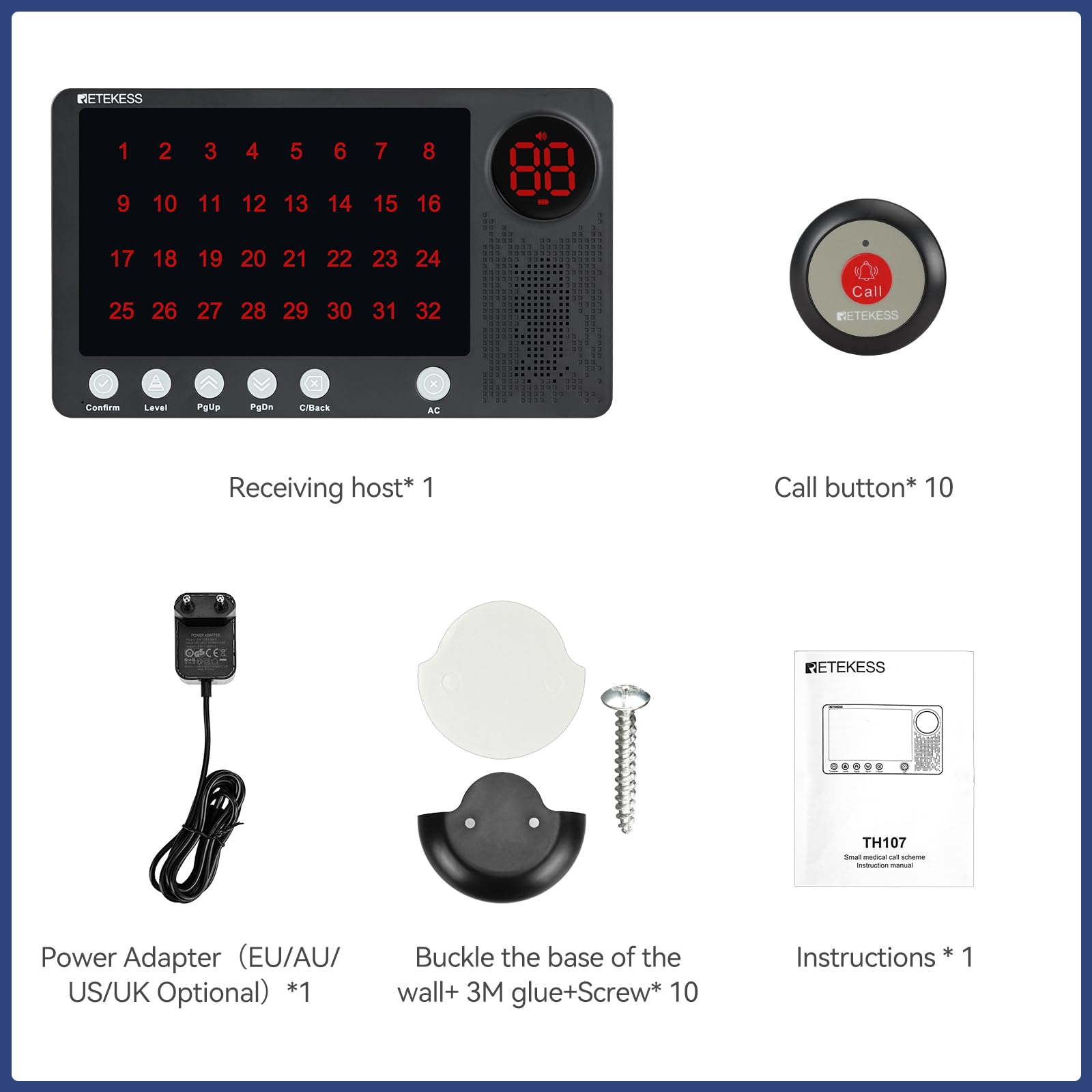 Retekess TH107 Bouton d'Appel d'urgence pour Personnes âgées, Système d'Appel d'urgence, Affichage 32 Bits, Distance d'Appel de 300m, 10 Langues et 3 Invites, pour Clinique, Hôpital