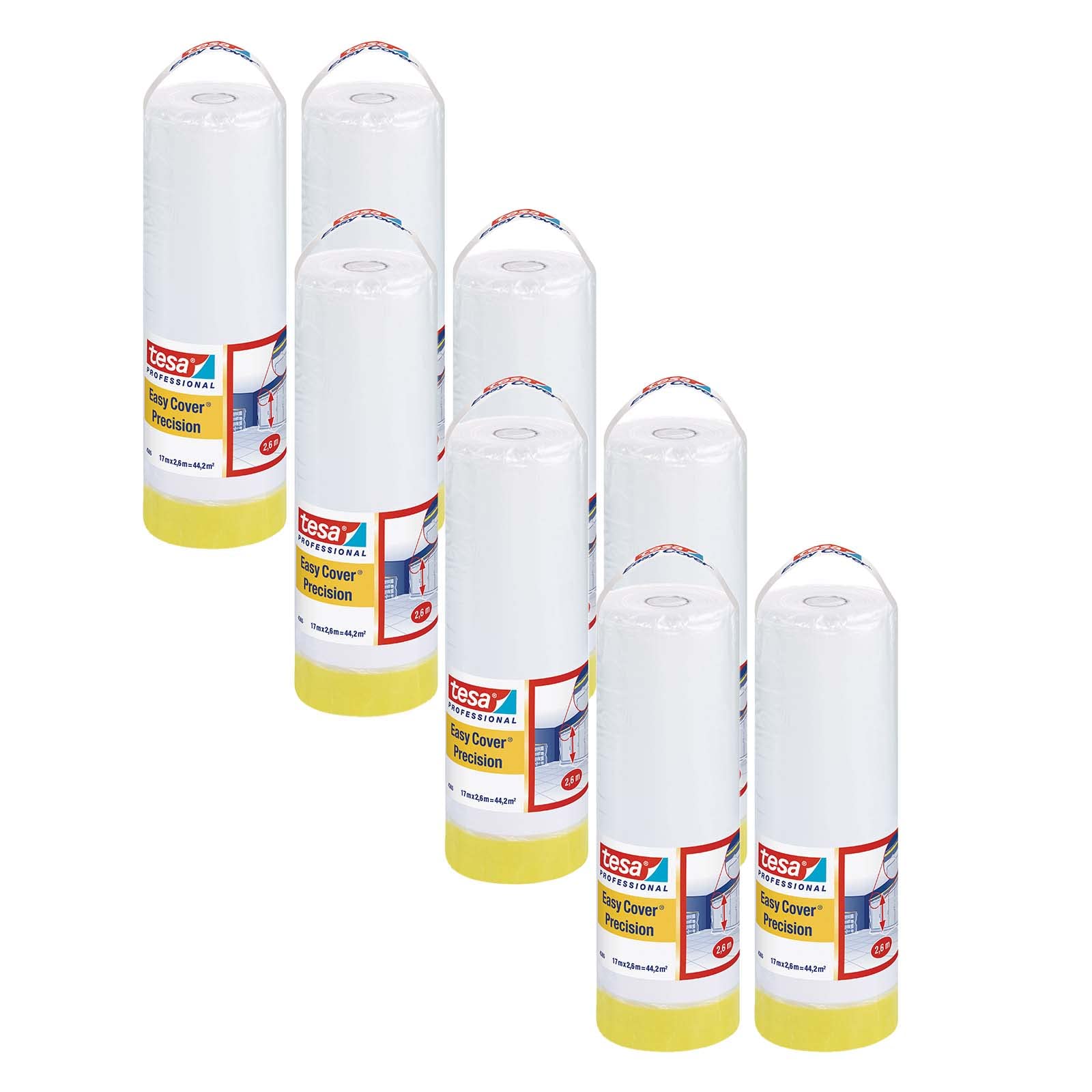 tesa Easy Cover 4365 Precision - Pack of 8 - Painter's Film with Painter's Tape for Masking and Covering during Painting - 2-in-1 Masking Tape with Film - Transparent - Each 17 m x 2.6 m
