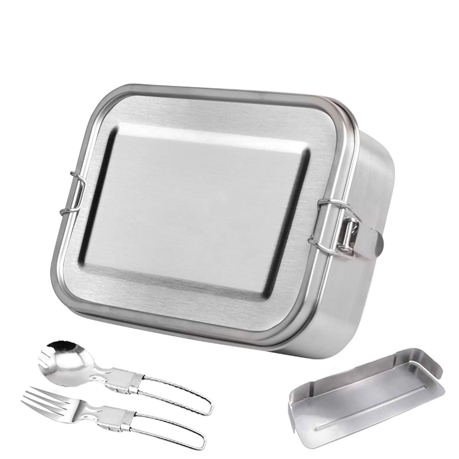 MEckily Stainless Steel Lunchbox, Plastic-free, Food Grade 304 Stainless Steel, 20x15x6.5cm, 1200ml, BPA-free, Divider and 2 Compartments, Lunch Box & Bento Box for Kids & Adults