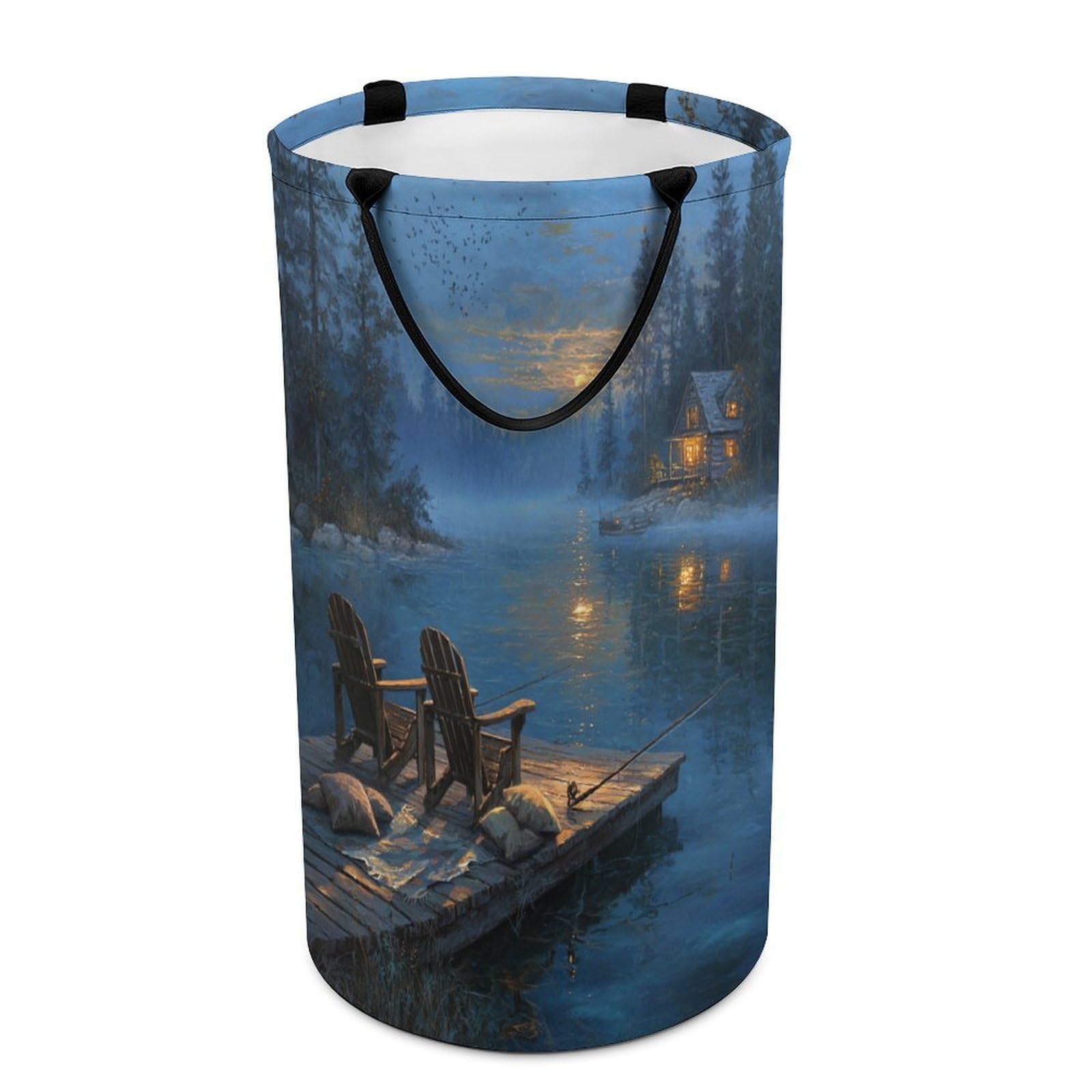 LUYYSKY Vintage Abstract Fishing Theme Collapsible Dirty Clothes Basket, Classic Oil Painting Sunset Lanscape Lake Cabin Pattern Portable Clothes Storage Basket