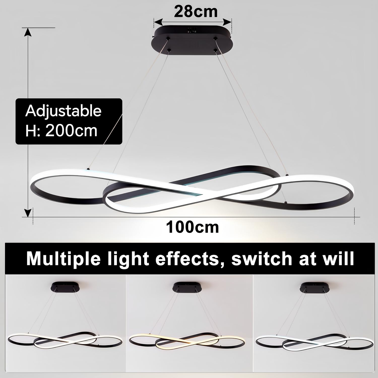 57W LED Pendelleuchte, Doppelfigur 8 Design, Schwarz | Dimmbare Hängelampe mit Fernbedienung, Pendellampe Hängend Höhenverstellbar, Hängeleuchte für Esstisch, Esszimmer und Küche