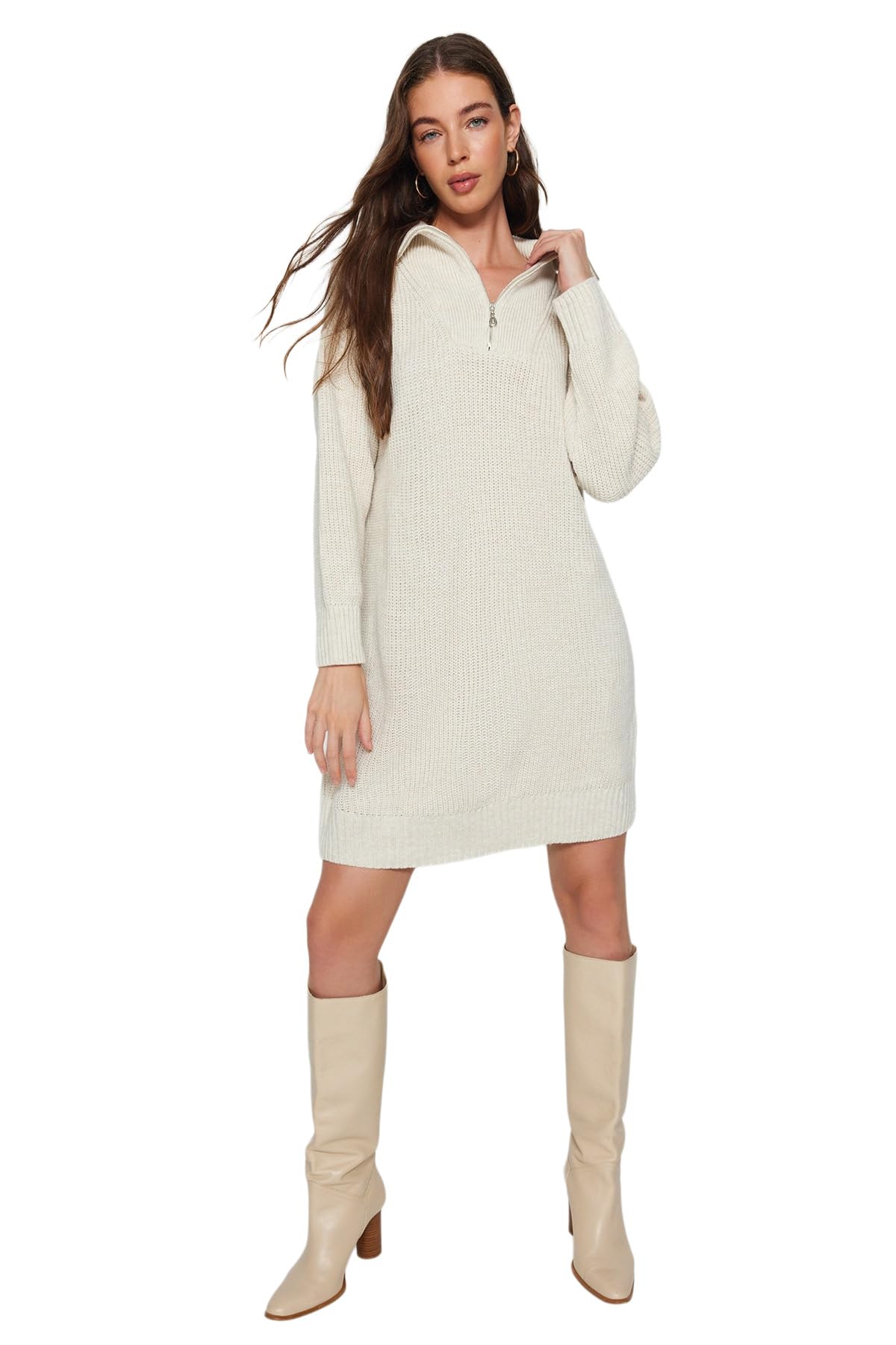 Trendyol Damen Stone Gerade Mini Lange Ärmel Lässig/Lässig Regulär Kleid